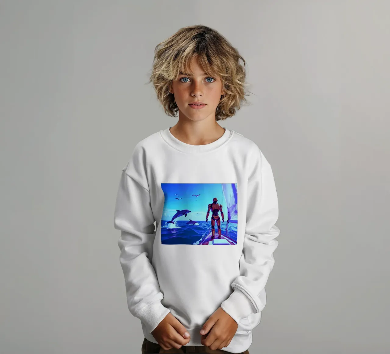 ROBOT SUR UN VOILIER. Eau bleue. sudadera para niño de Thierry vobmann photography