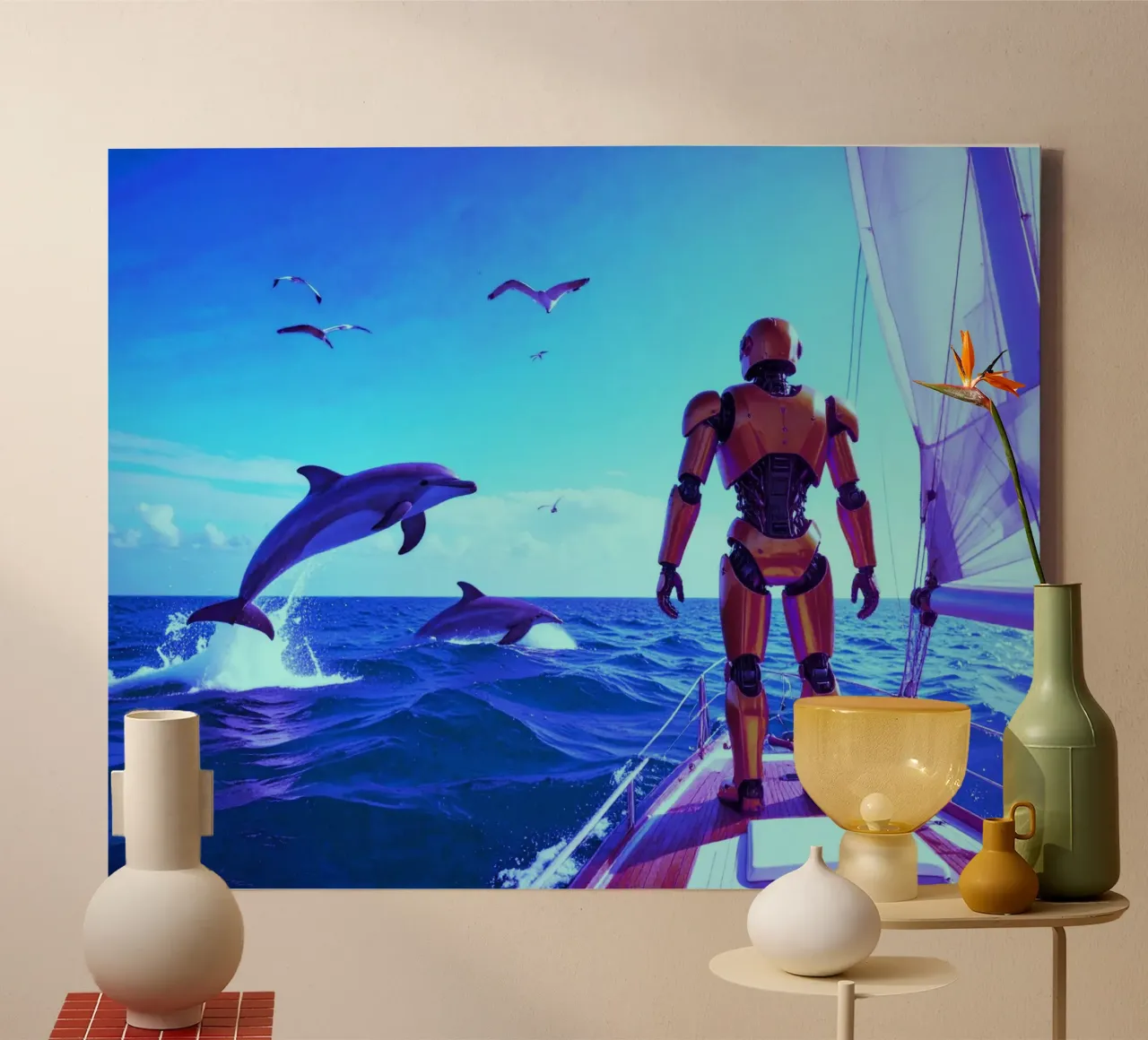 ROBOT SUR UN VOILIER. Eau bleue. canvas van Thierry vobmann photography