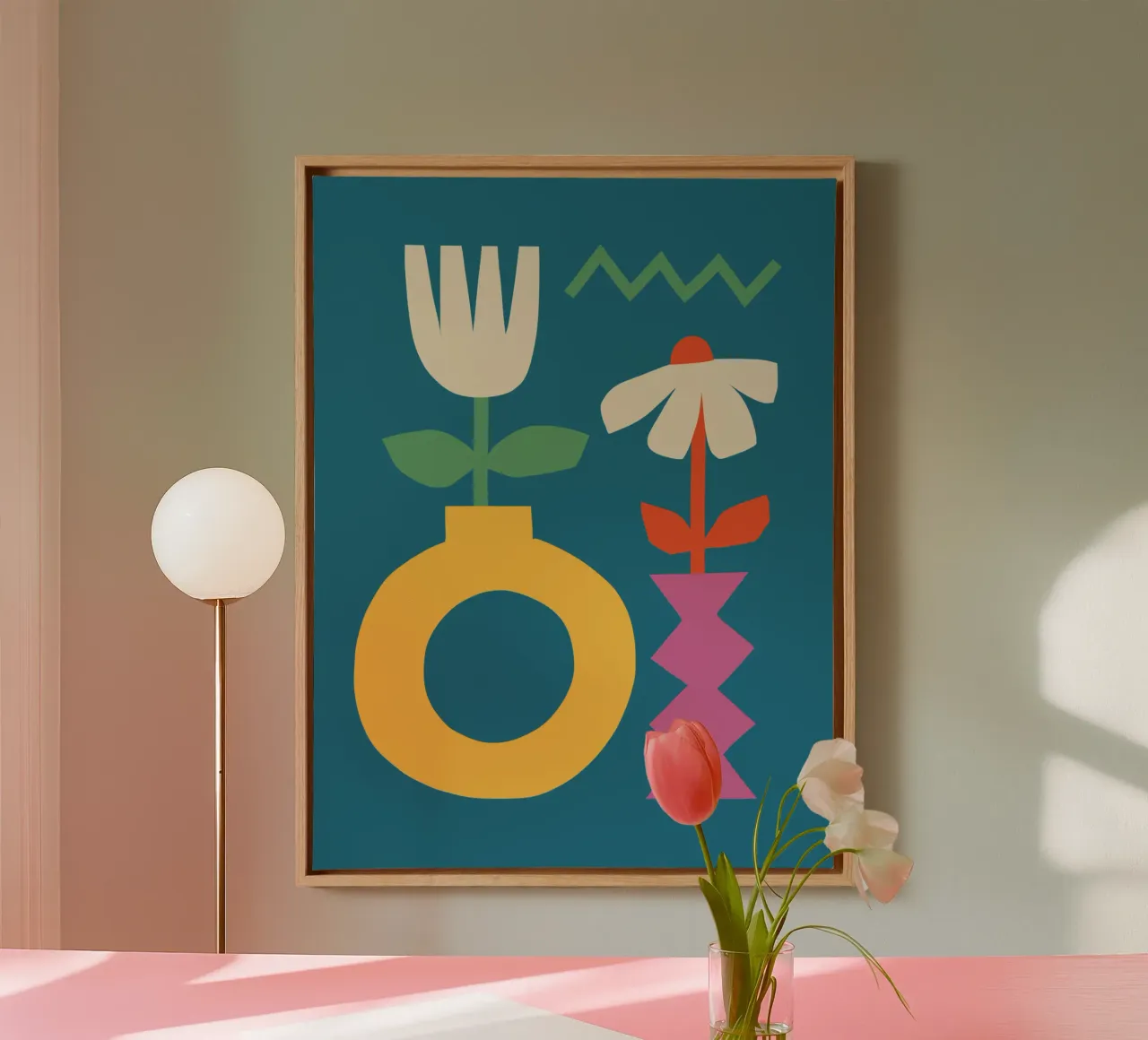 Bold Geometric Art Print Colourful Vases & Modern Minimalist canvas with Floater frame by THE MOTIVATED TYPE