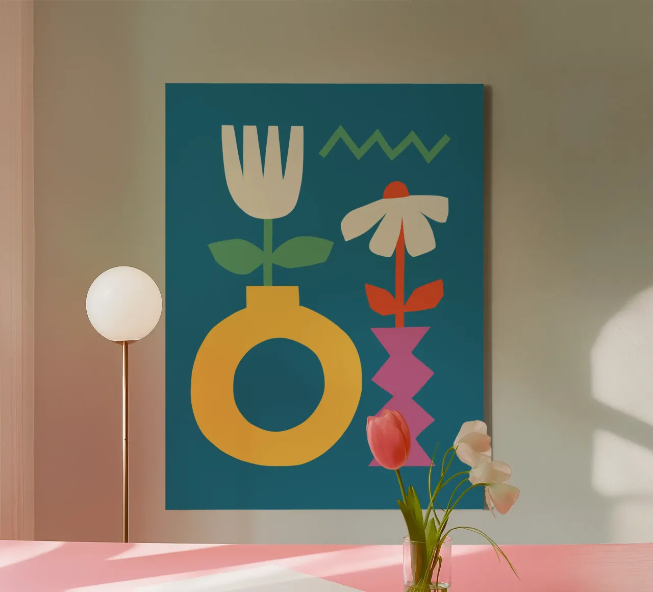 Bold Geometric Art Print Colourful Vases & Modern Minimalist canvas with Floater frame by THE MOTIVATED TYPE