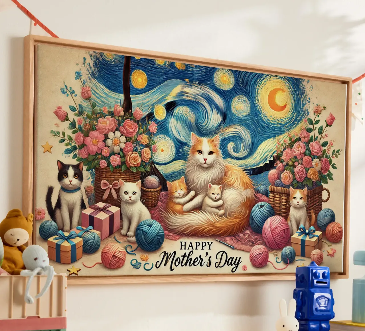 Happy Mother´s Day Kitty Cat Edition tela con Cornice a cassetta da Vintage Van Gogh
