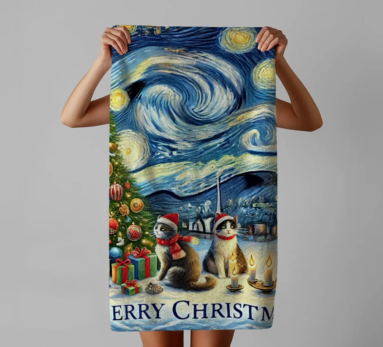 Merry Christmas Kitty Cat Edition asciugamano da bagno da Vintage Van Gogh
