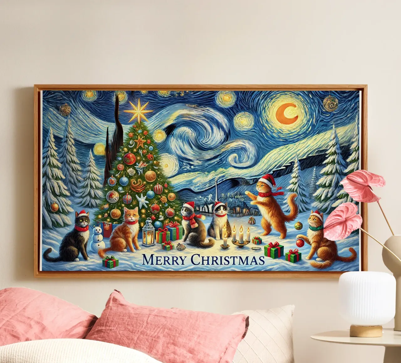 Merry Christmas Kitty Cat Edition tela con Cornice a cassetta da Vintage Van Gogh