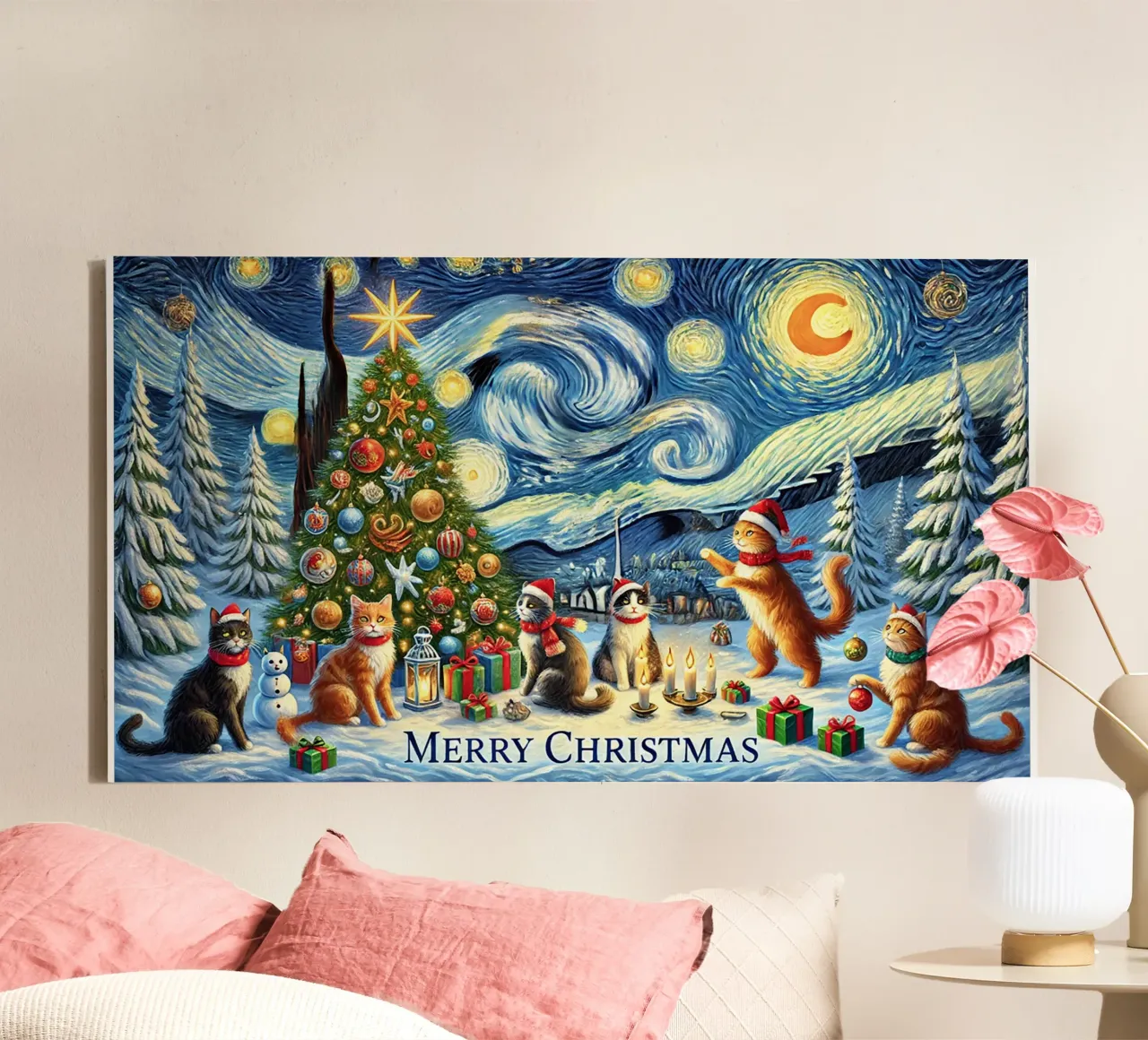 Merry Christmas Kitty Cat Edition tela con Cornice a cassetta da Vintage Van Gogh