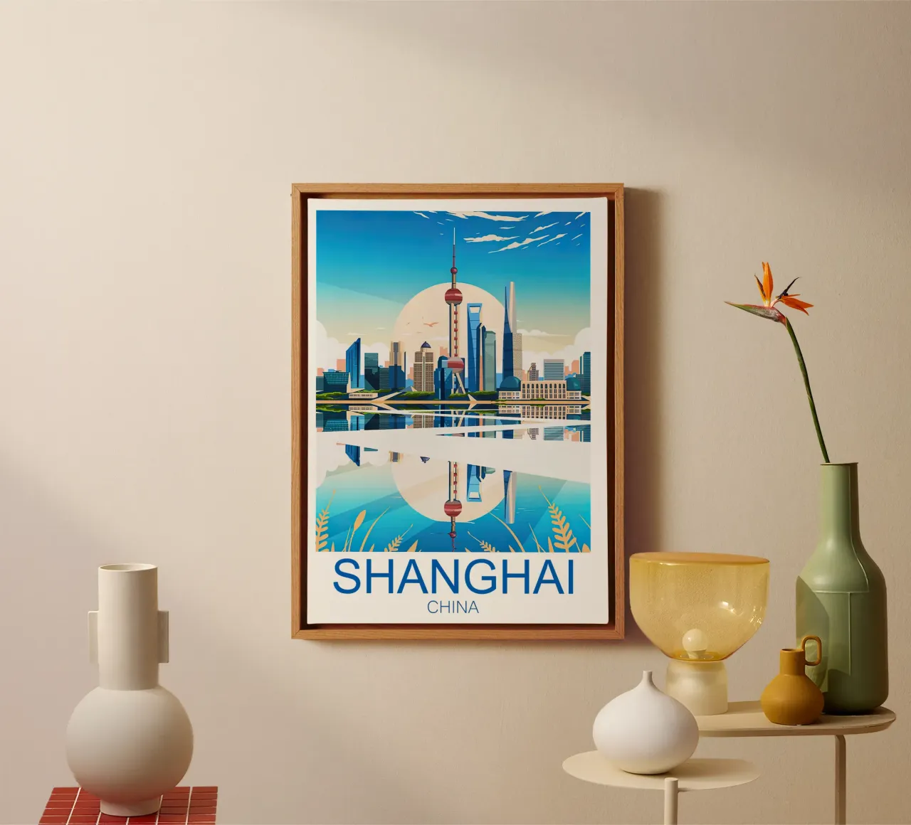 Reisprent Shanghai - China canvas met Baklijst van Liliestudio