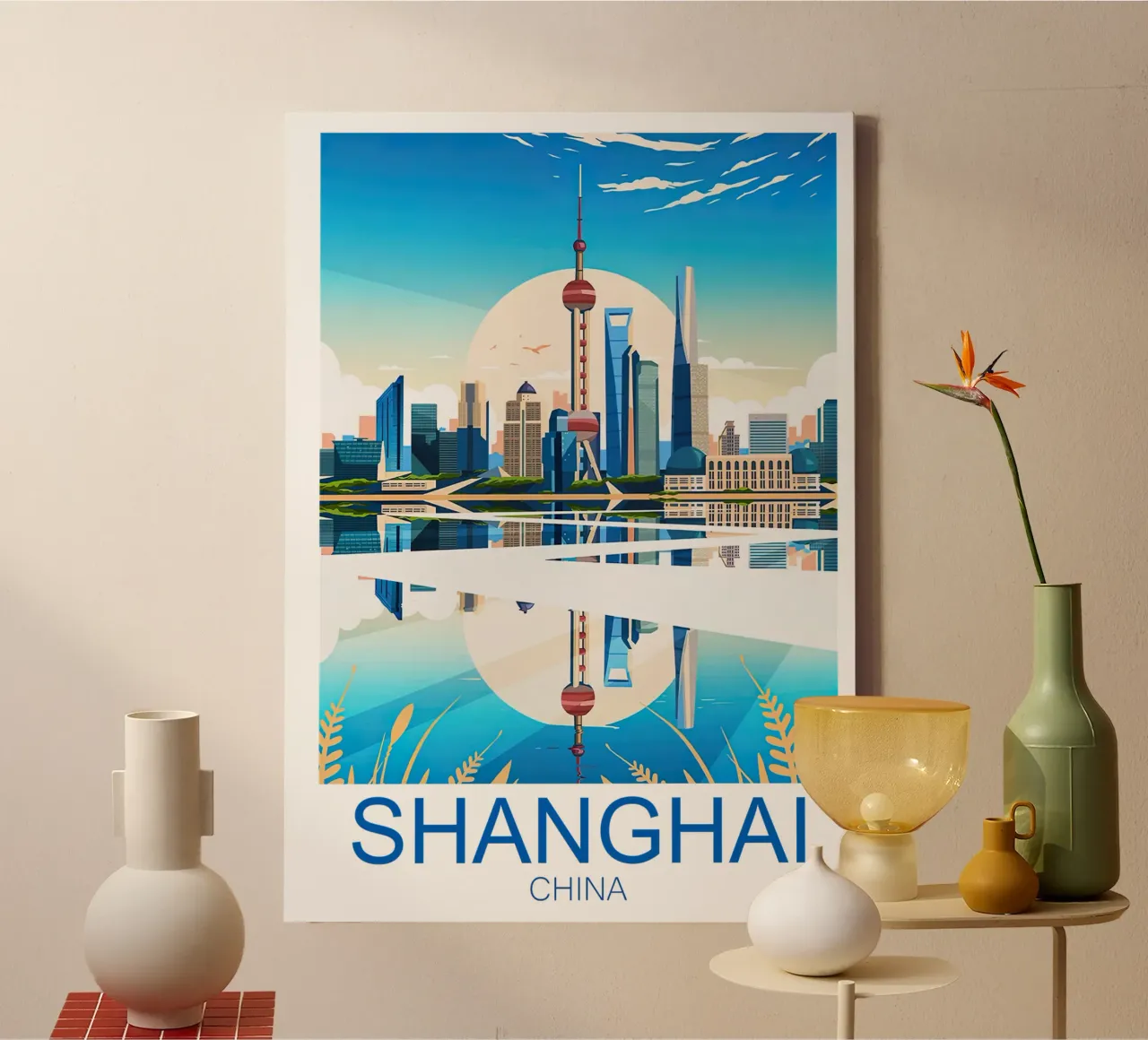 Reisprent Shanghai - China canvas met Baklijst van Liliestudio