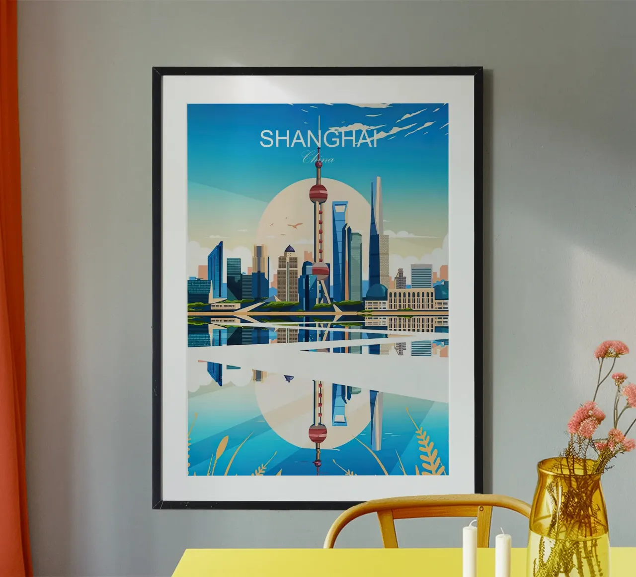 Viaggio vintage a Shanghai poster con telaio in legno da Liliestudio