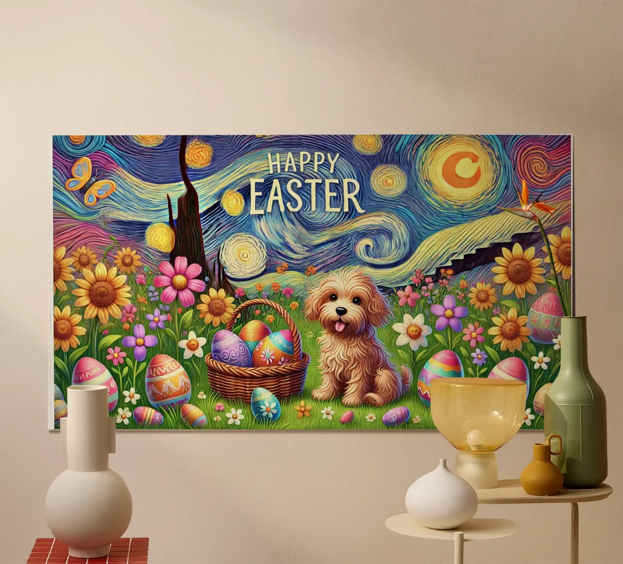 Happy Easter Puppy Edition poster con telaio in alluminio da Vintage Van Gogh