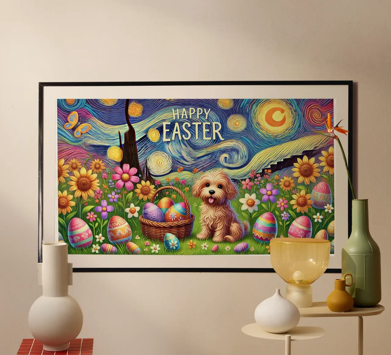 Happy Easter Puppy Edition poster con telaio in alluminio da Vintage Van Gogh
