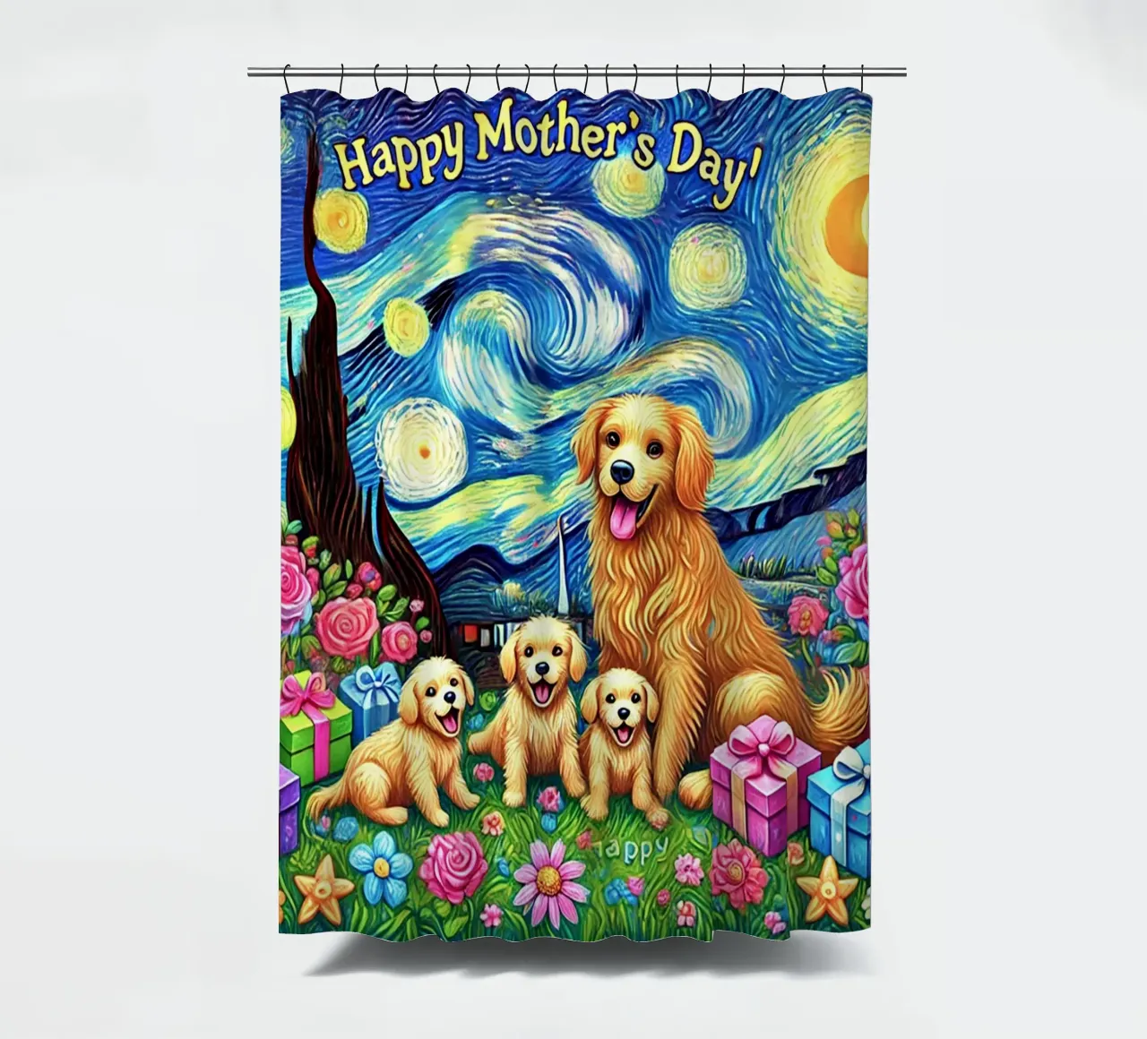 Happy Mother´s Day Puppy Edition shower curtain by Vintage Van Gogh