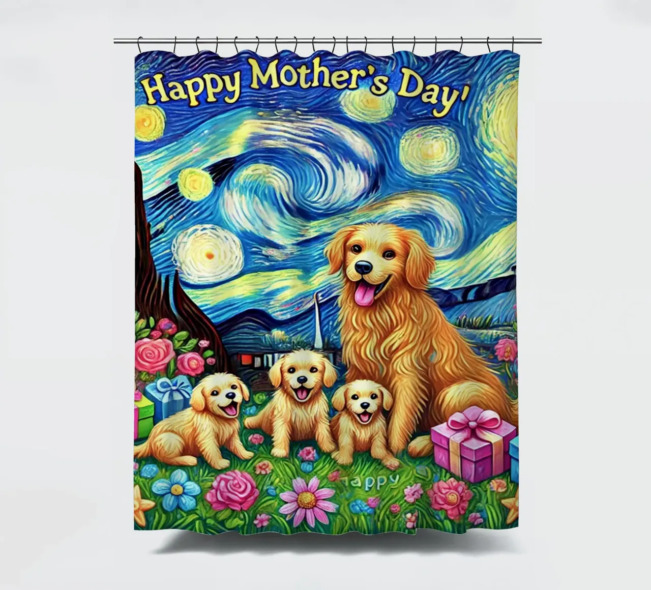 Happy Mother´s Day Puppy Edition shower curtain by Vintage Van Gogh