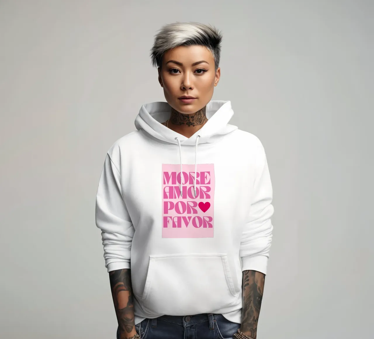 "More Amor Por Favor" Groovy Pink Retro Typography sudadera con capucha de pdigitalprints