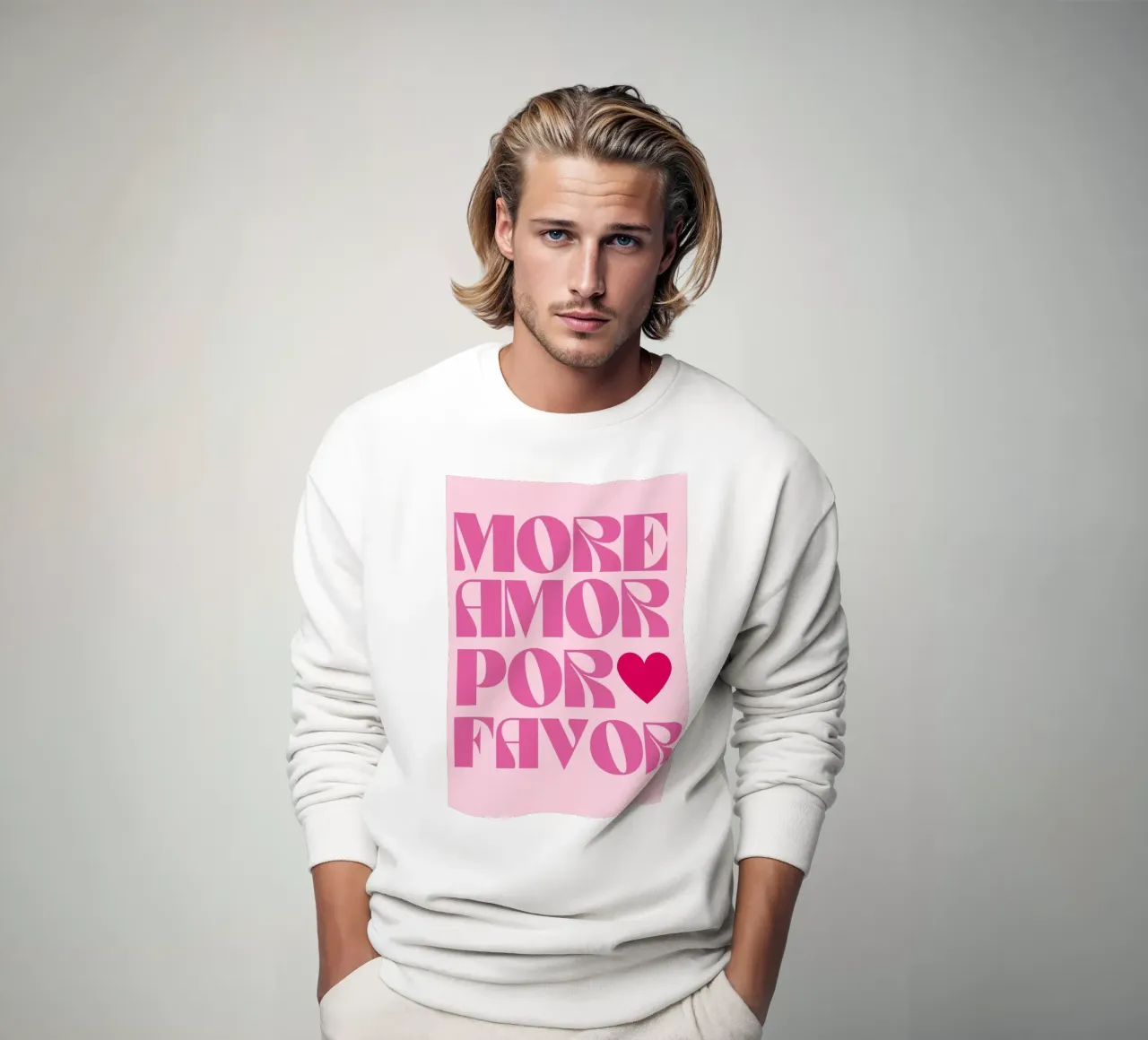 "More Amor Por Favor" Groovy Pink Retro Typography sudadera de pdigitalprints