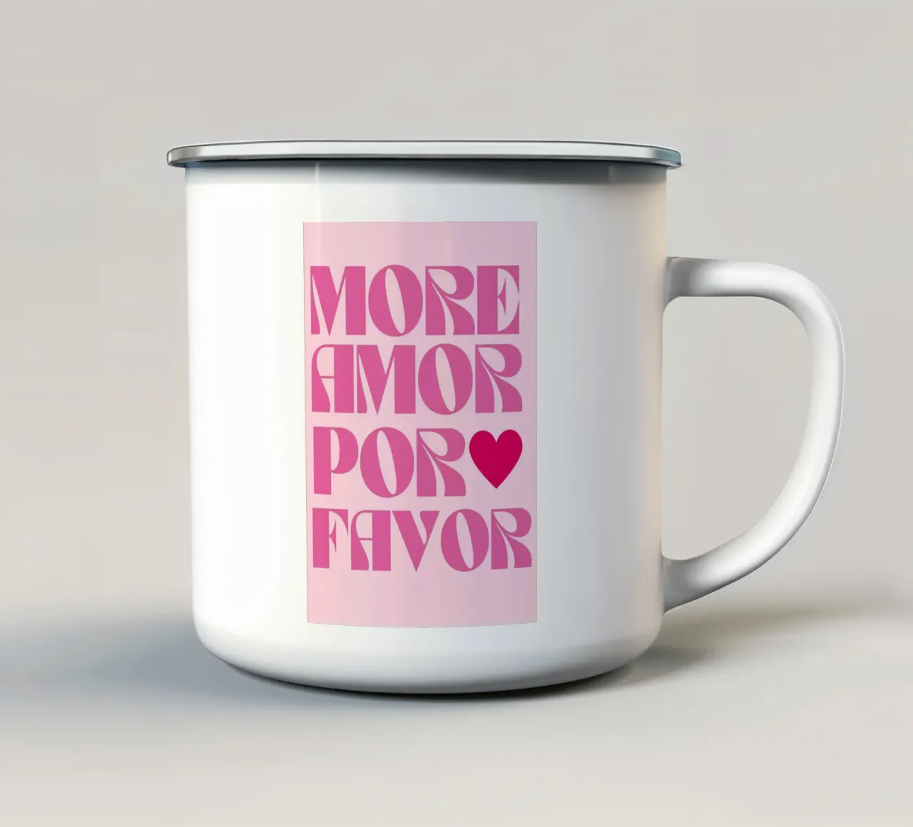 "More Amor Por Favor": tipografia rosa retrò e groovy tazza in smalto da pdigitalprints