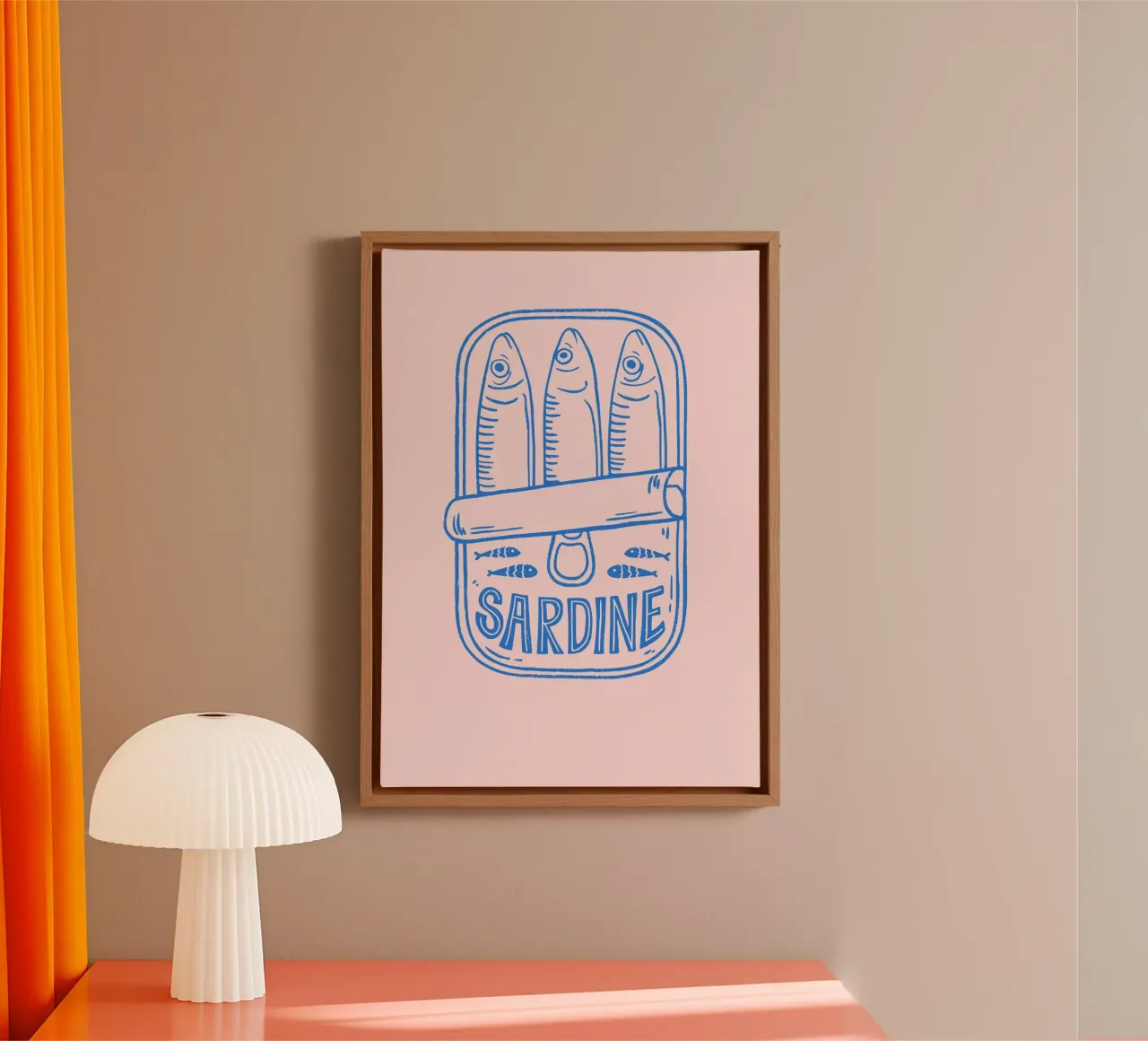 Quirky Blue Sardine Tin Illustration on Soft Pink Background canvas with Floater frame by pdigitalprints