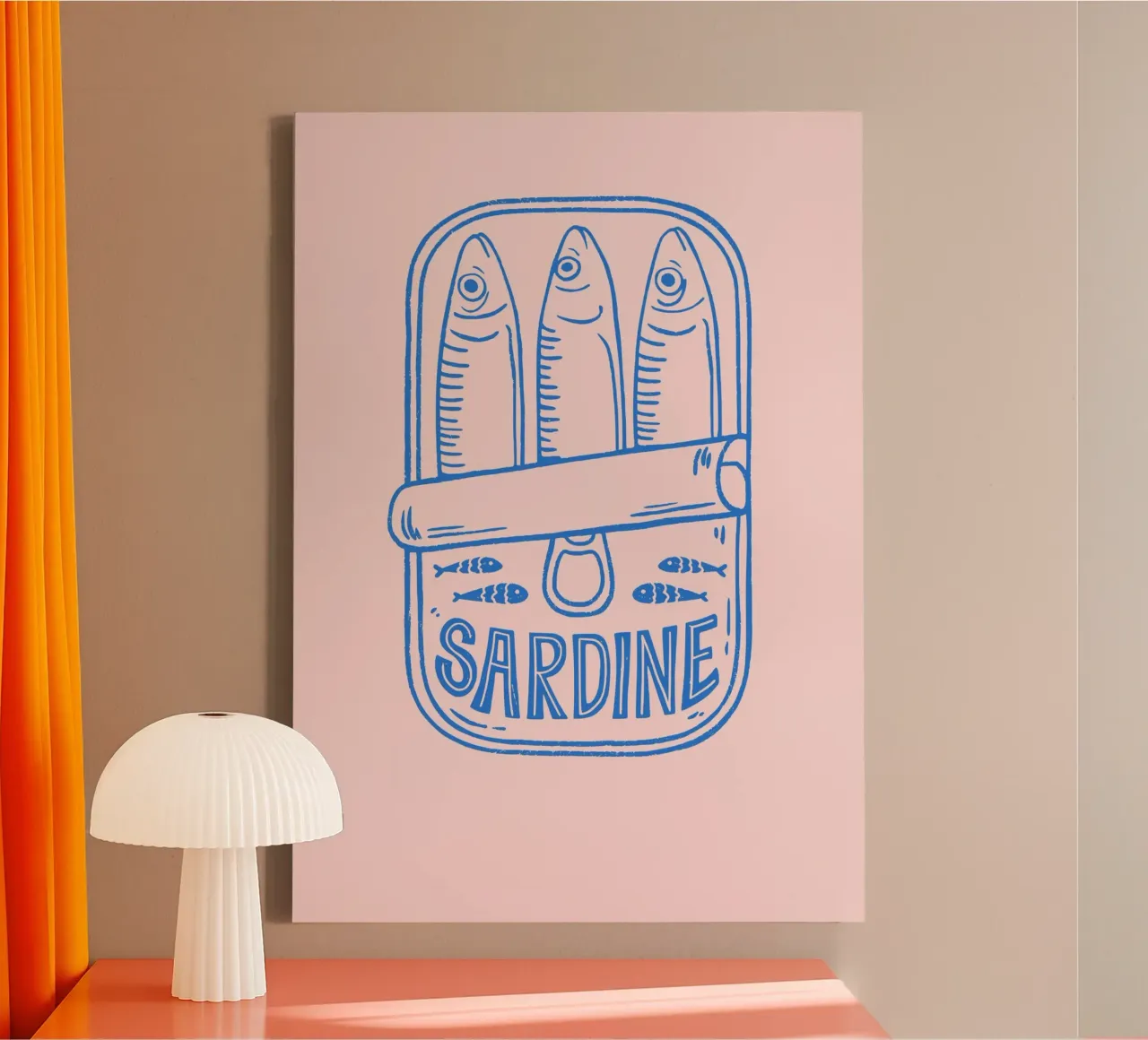 Quirky Blue Sardine Tin Illustration on Soft Pink Background canvas with Floater frame by pdigitalprints