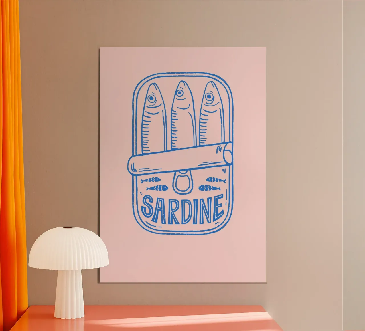 Quirky Blue Sardine Tin Illustration auf weichen rosa Hintergrund Poster von pdigitalprints