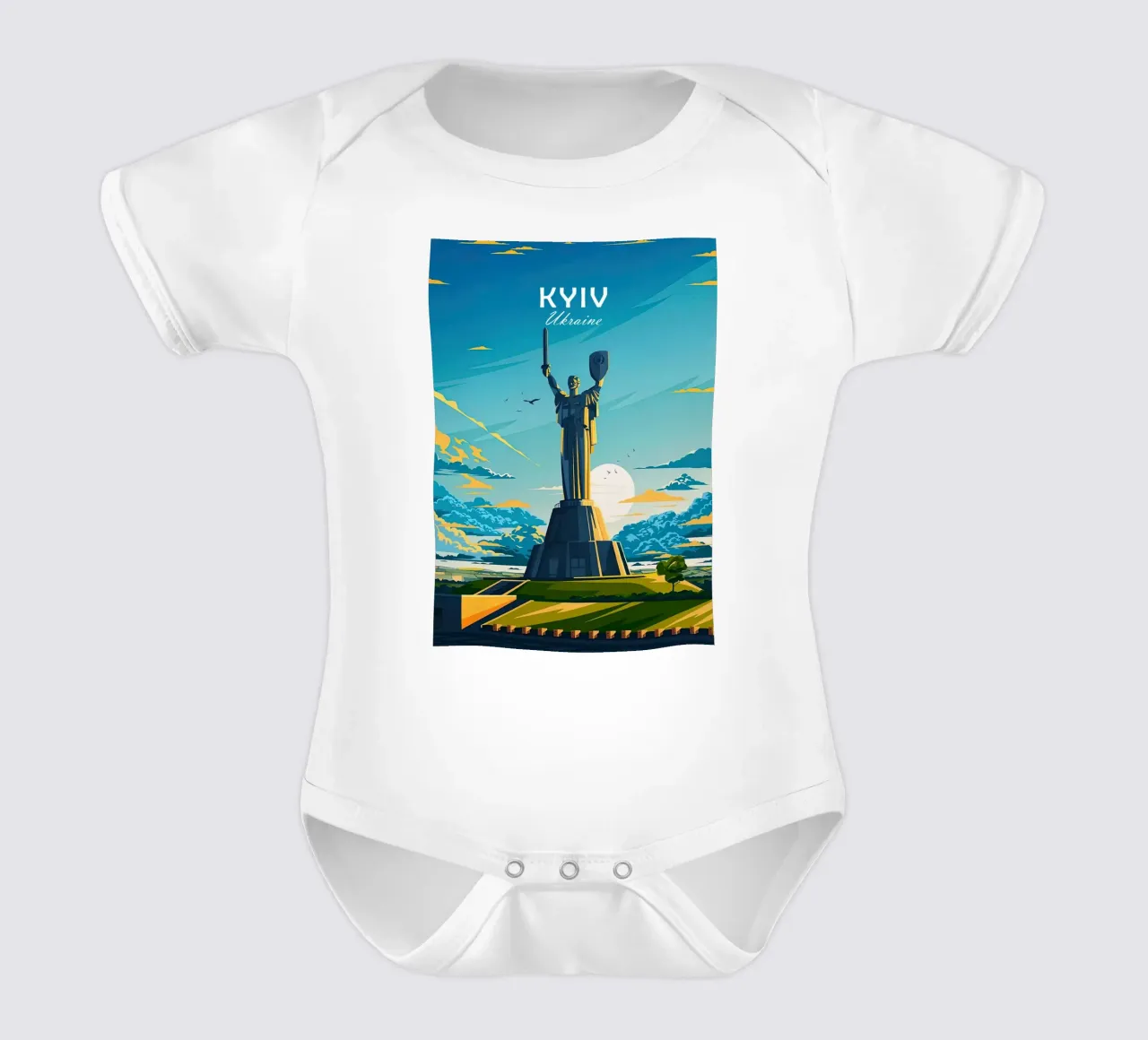 Ukraine, Kyiv Travel poster, Motherland Monument short-sleeve baby romper by Liliestudio