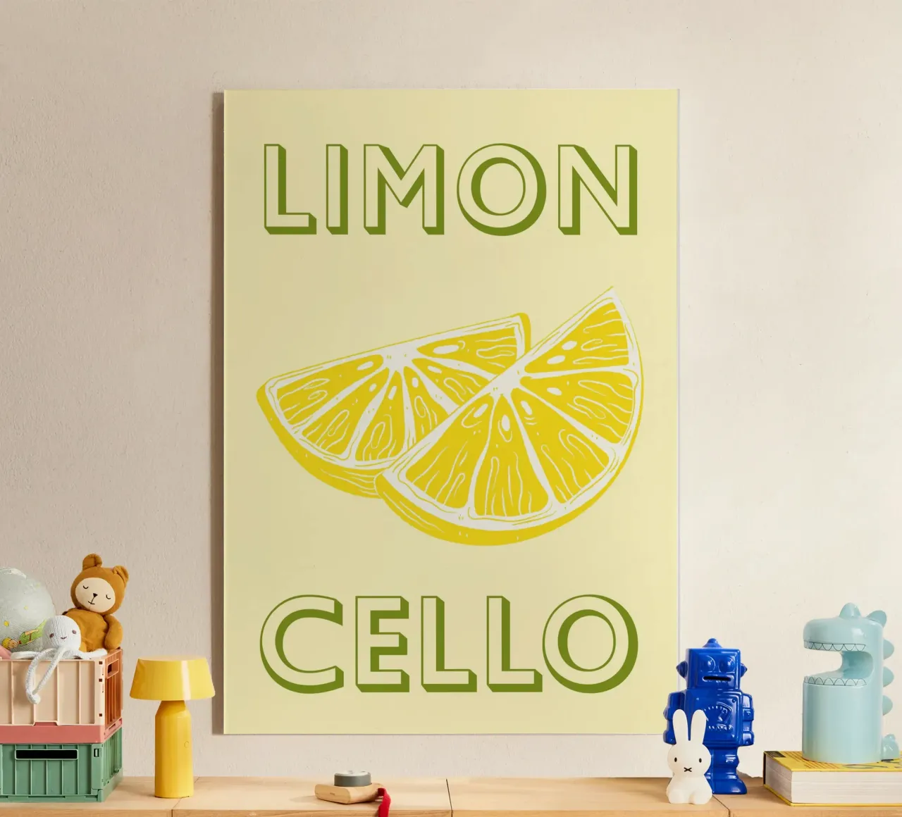 Fetta di limone al limoncello in grassetto su sfondo giallo tenue plexiglass da pdigitalprints