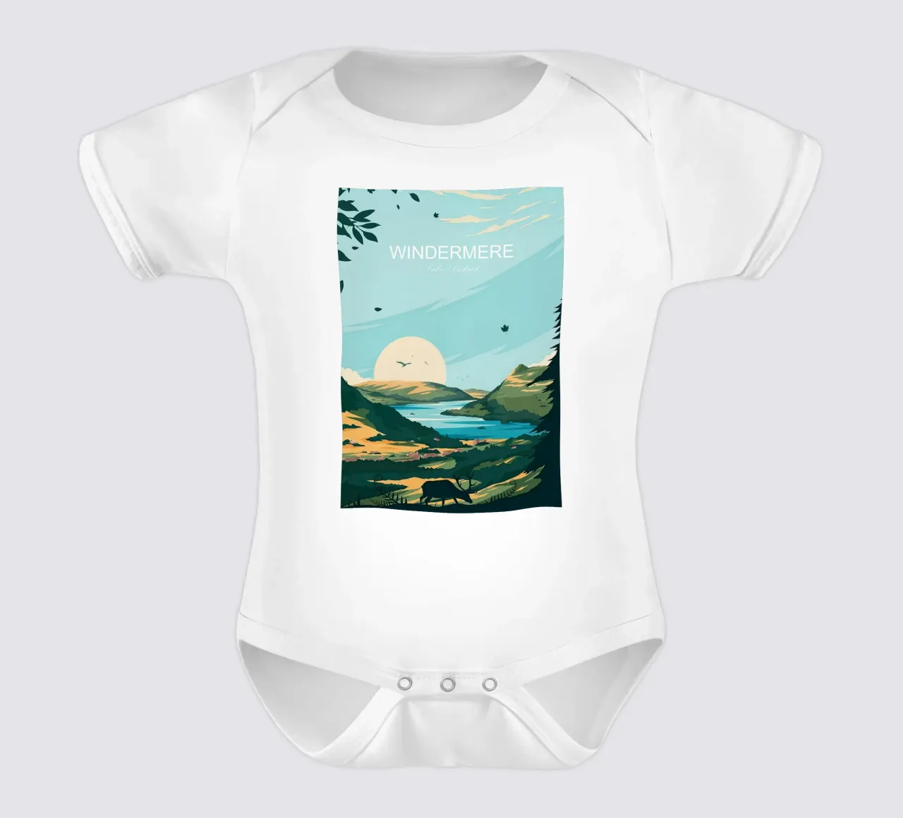 Windermere traditional travel print - Lake District short-sleeve baby romper by Liliestudio