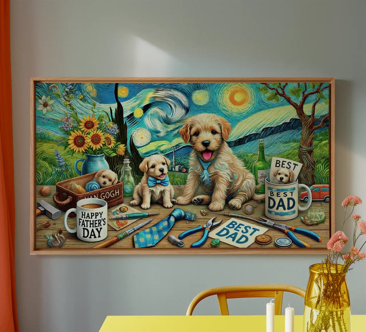 Happy Father´s Day Puppy Edition tela con Cornice a cassetta da Vintage Van Gogh