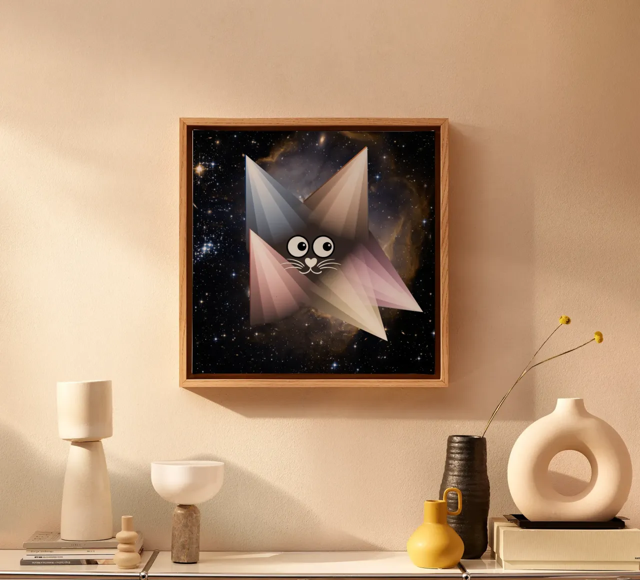Geometric cat - night motif with starry sky poster canvas with Floater frame by StrindesignStudio