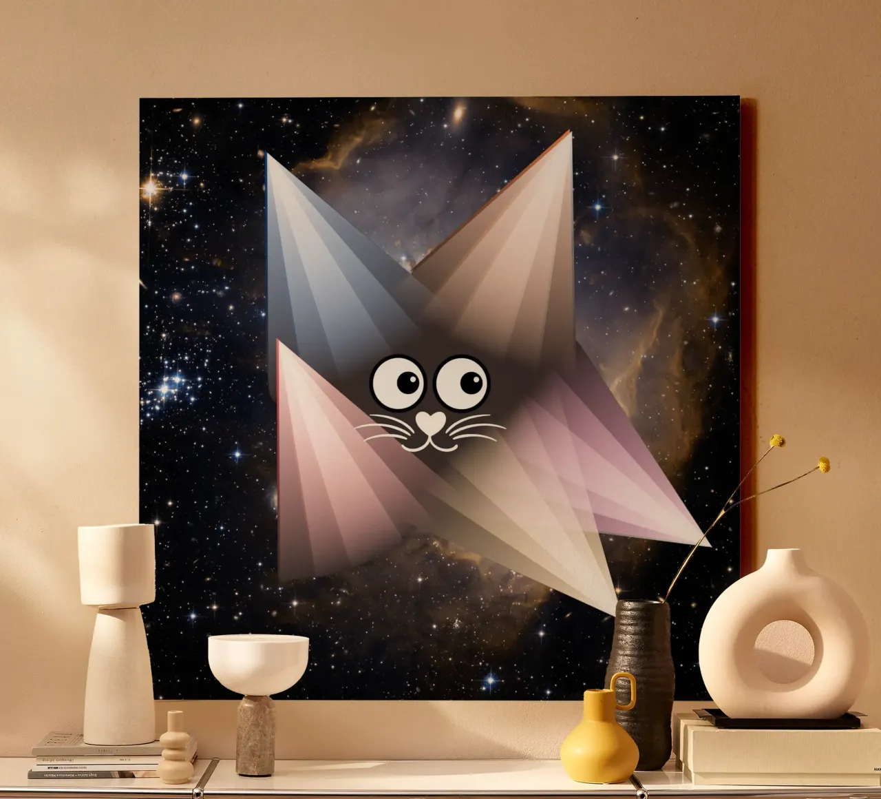 Geometric cat - night motif with starry sky poster canvas with Floater frame by StrindesignStudio