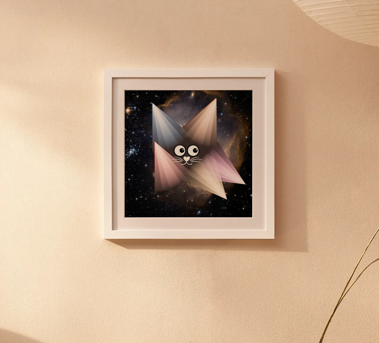 Gatto geometrico - motivo notturno con cielo stellato poster poster con telaio in legno da StrindesignStudio