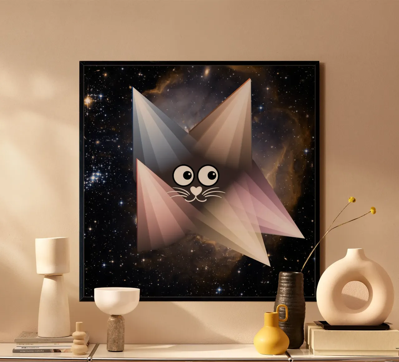 Gatto geometrico - motivo notturno con cielo stellato poster poster con telaio in legno da StrindesignStudio