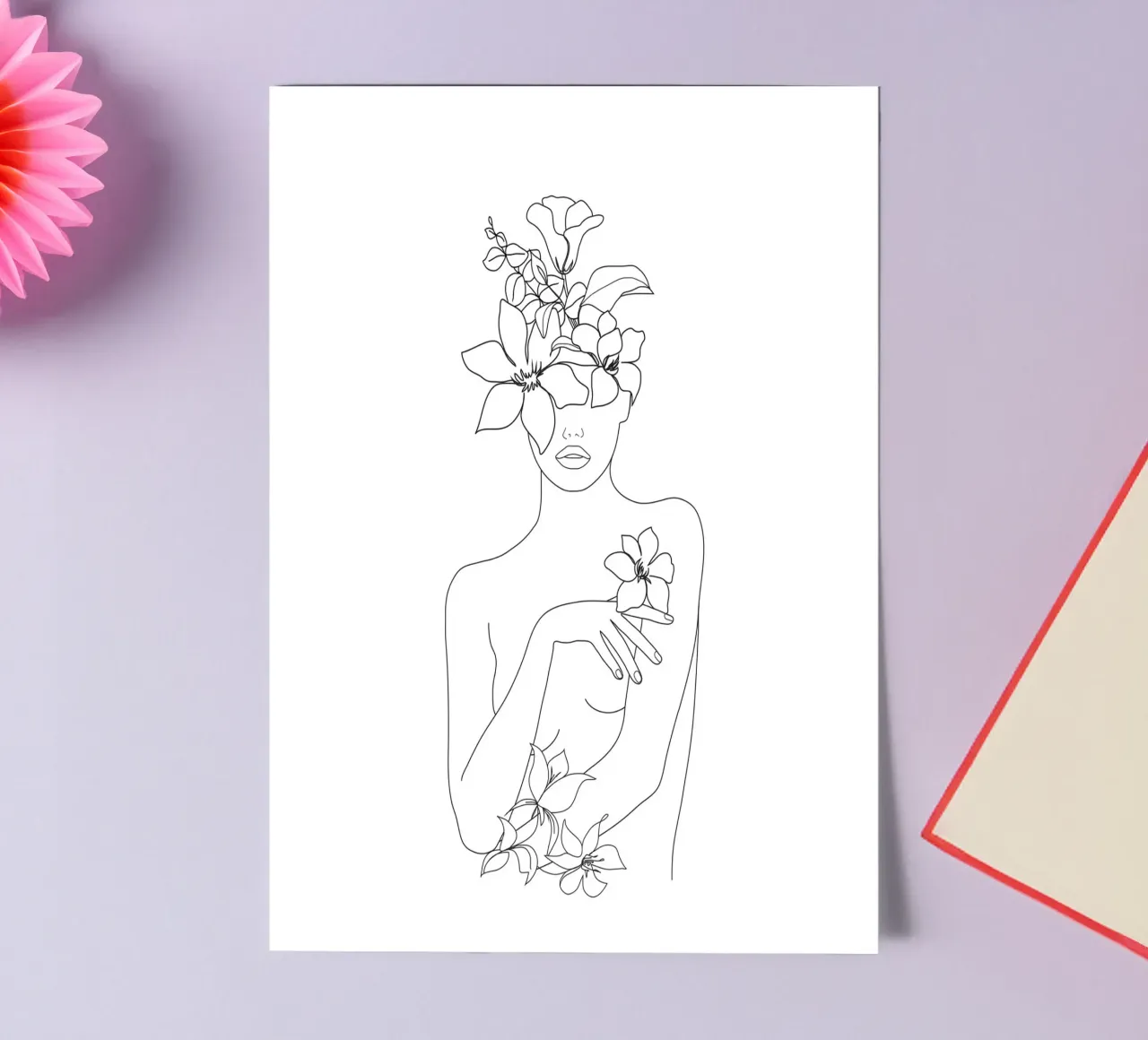 Minimal Line Art Woman with Flowers IV pack de pegatina de Nadjaa