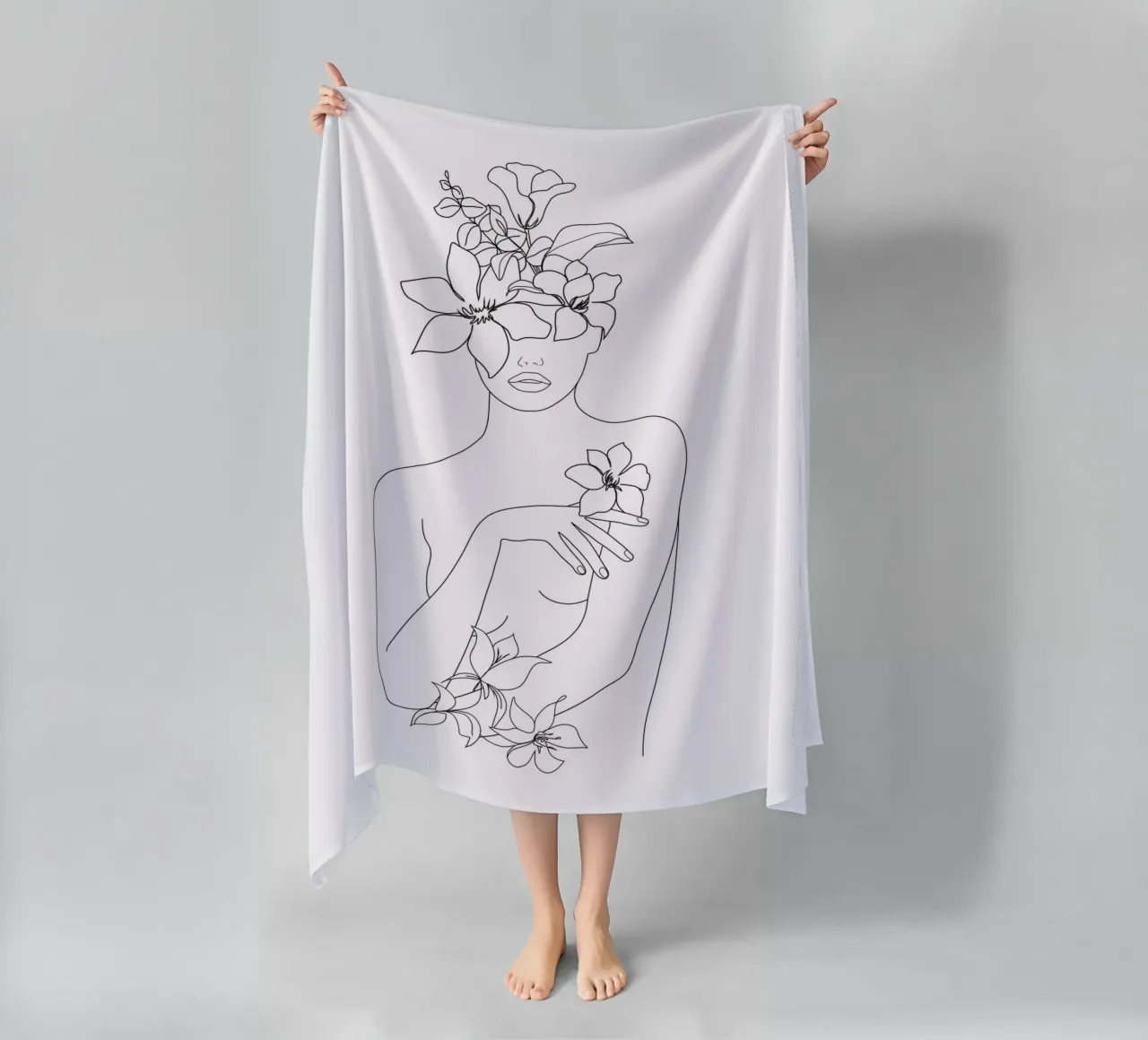 Minimal Line Art Woman with Flowers IV beach towel by Nadjaa