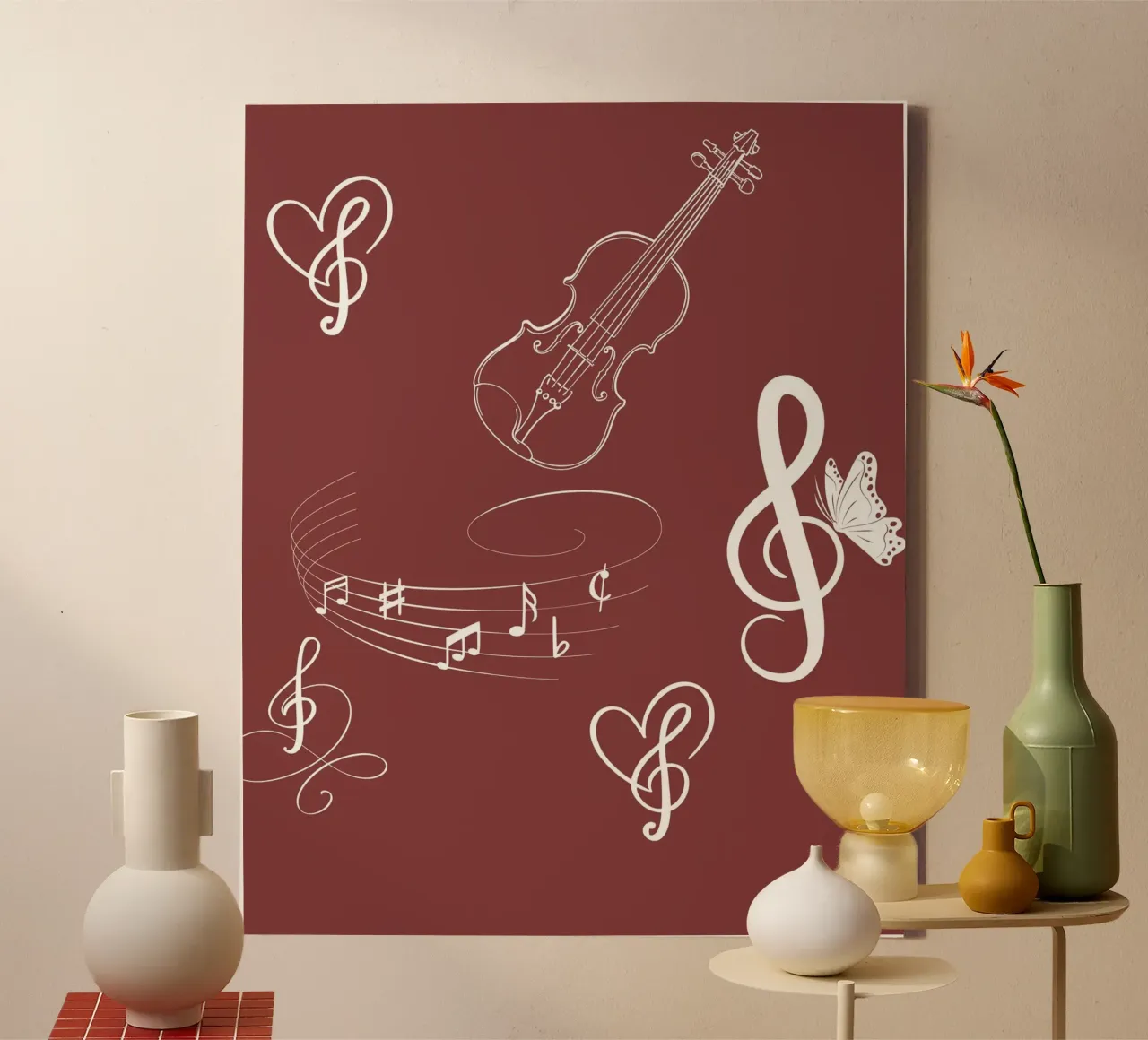 Music design with heart, violin & butterfly - Bordeaux canvas by StrindesignStudio