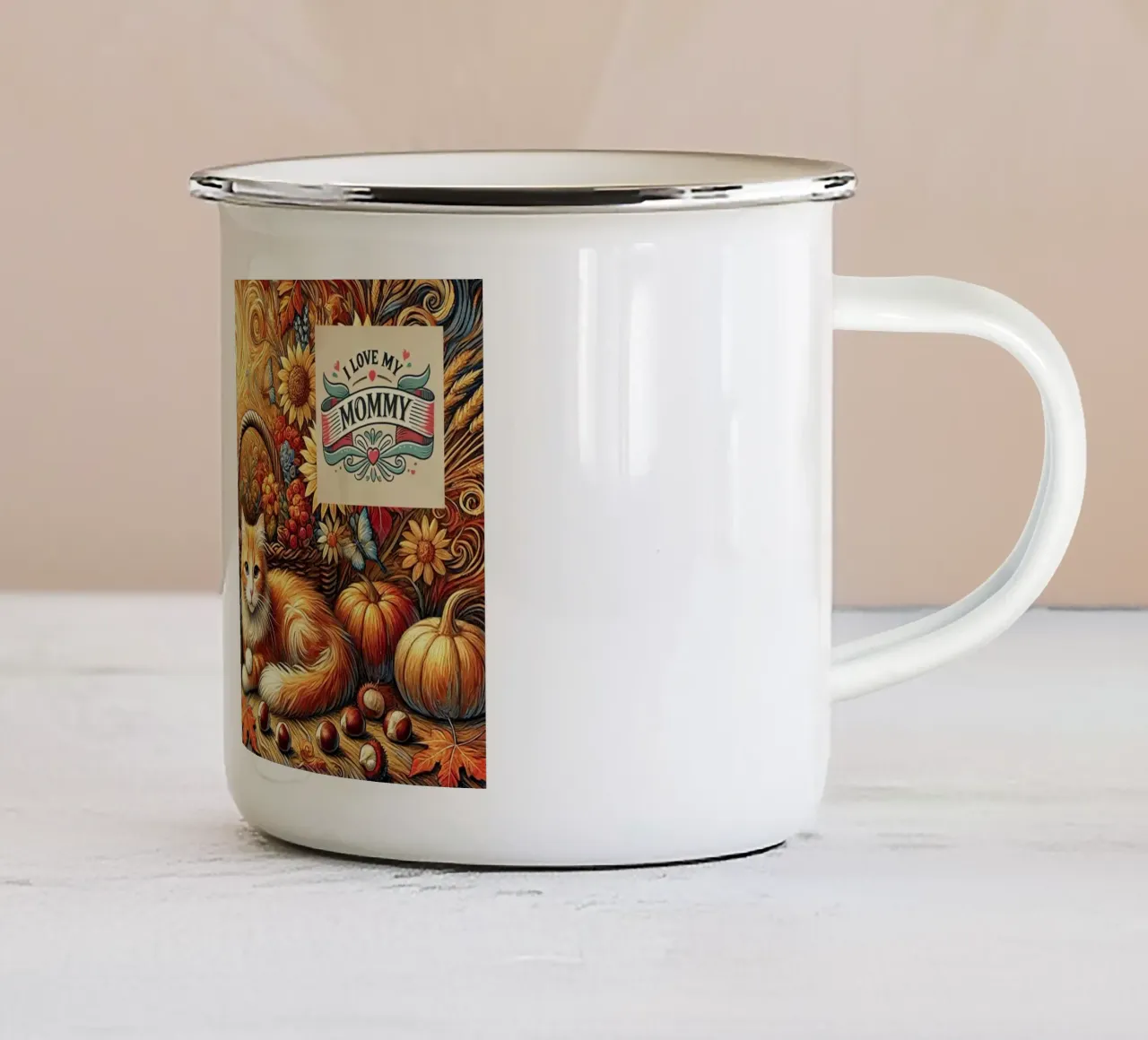 I LOVE MY MOMMY IN AUTUMN, Kittycat Edition tazza in smalto da Vintage Van Gogh