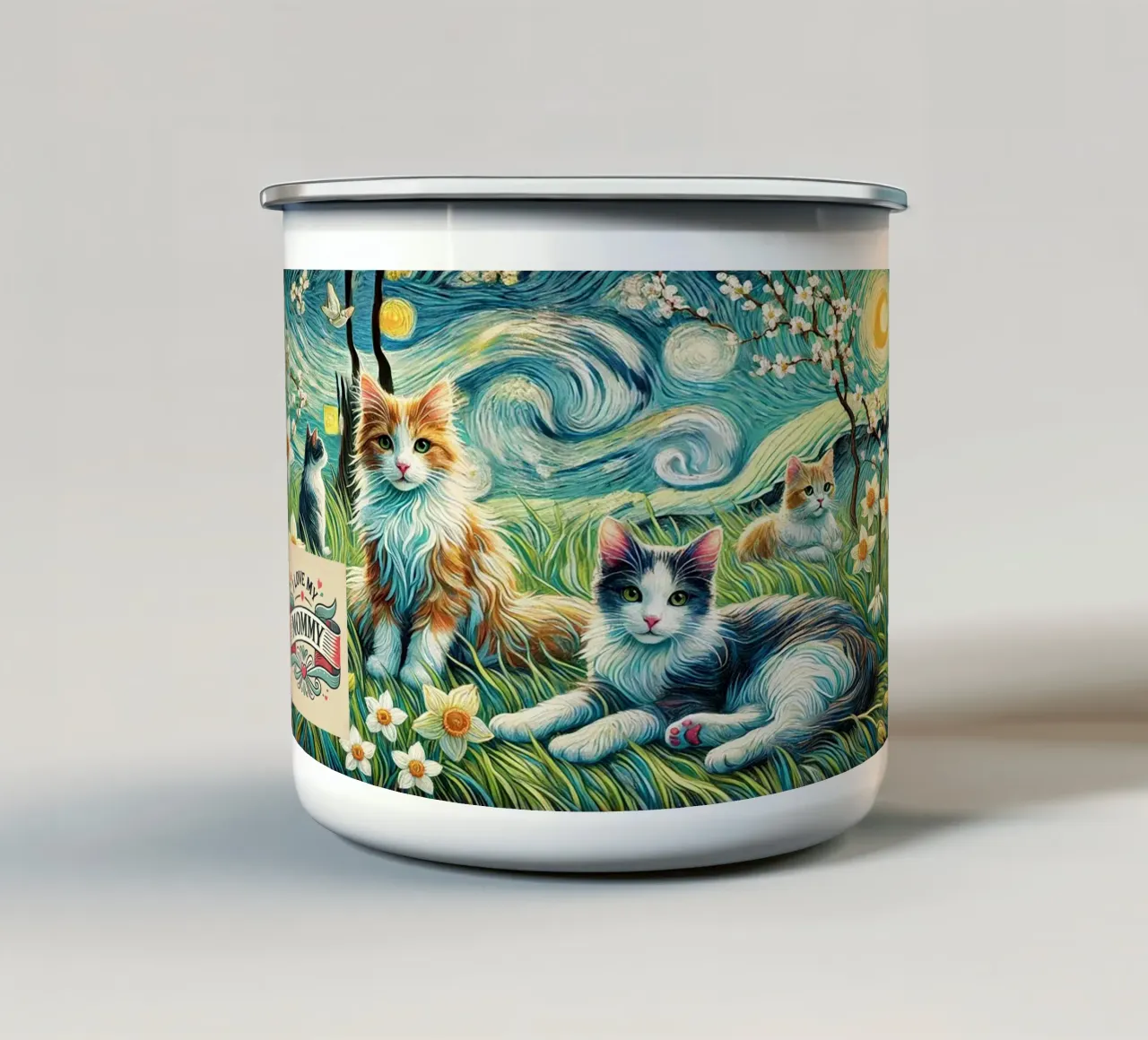 I LOVE MY MOMMY IN SPRING, Kittycat Edition tazza in smalto da Vintage Van Gogh