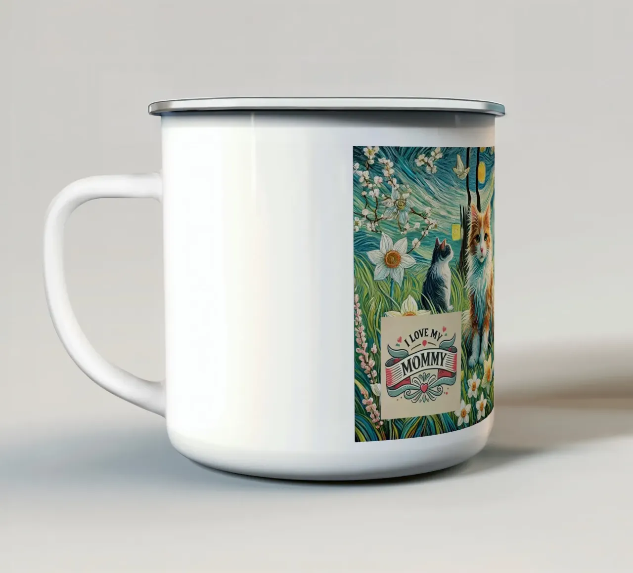 I LOVE MY MOMMY IN SPRING, Kittycat Edition tazza in smalto da Vintage Van Gogh