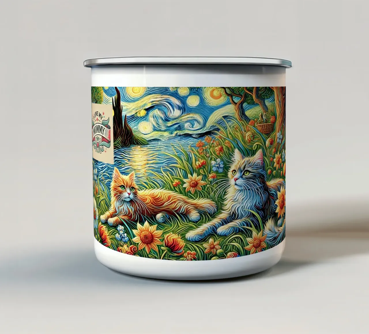 I LOVE MY MOMMY IN SUMMER, Kittycat Edition tazza in smalto da Vintage Van Gogh