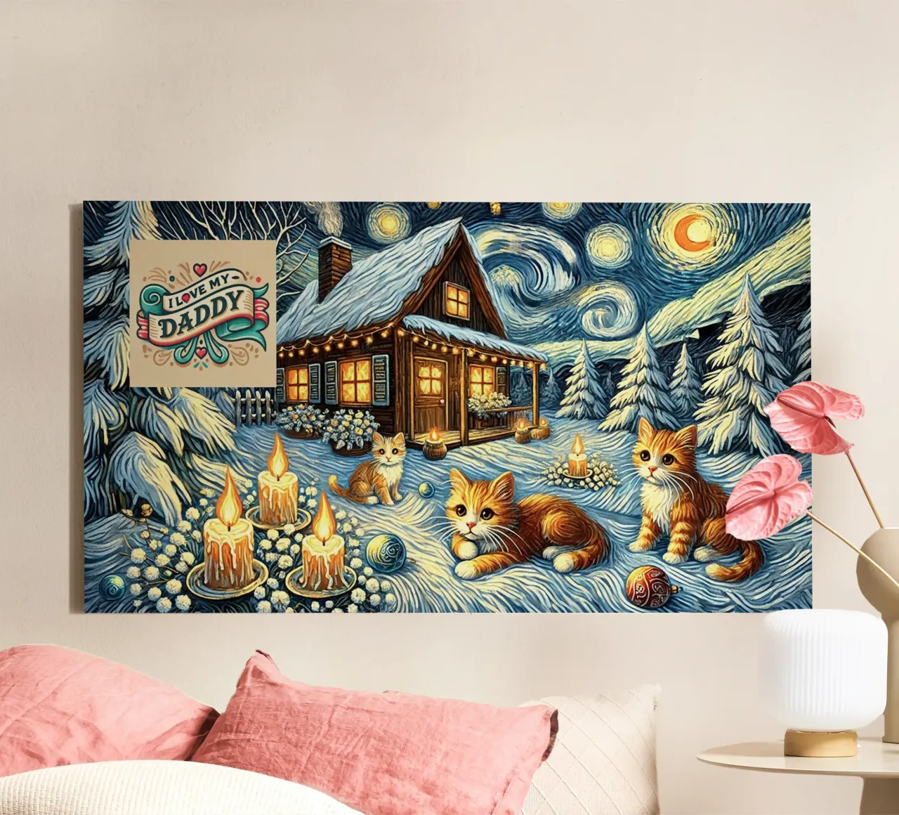 I LOVE MY DADDY IN WINTER, Kittycat Edition tela con Cornice a cassetta da Vintage Van Gogh