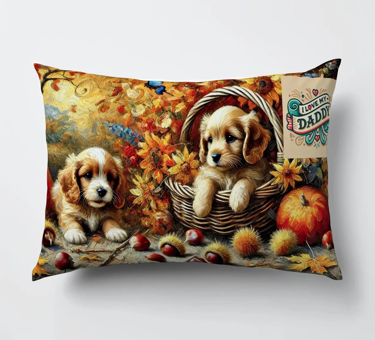 I LOVE MY DADDY IN AUTUMN, Puppy Dog Edition cuscino da Vintage Van Gogh
