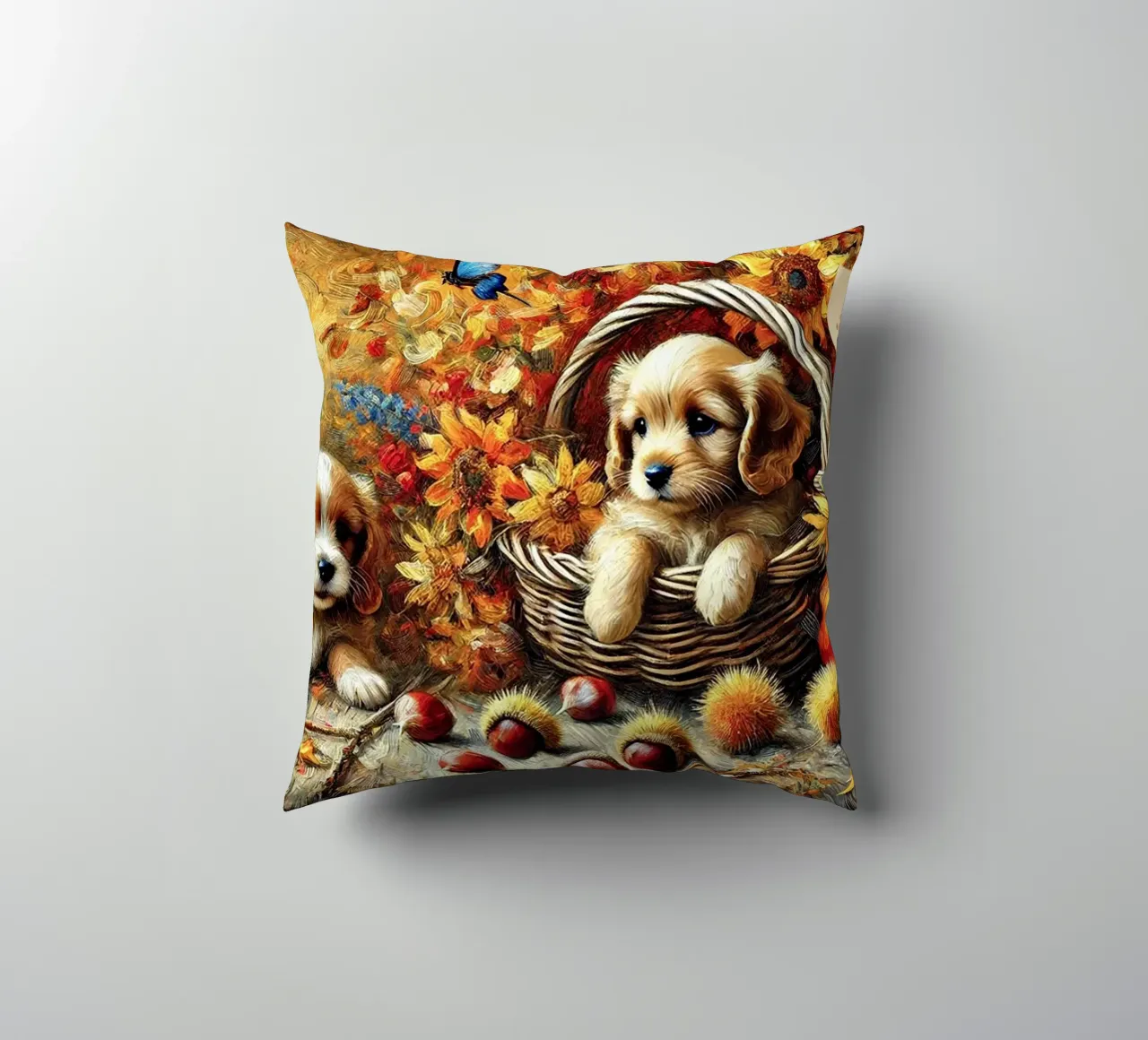 I LOVE MY DADDY IN AUTUMN, Puppy Dog Edition cuscino da Vintage Van Gogh