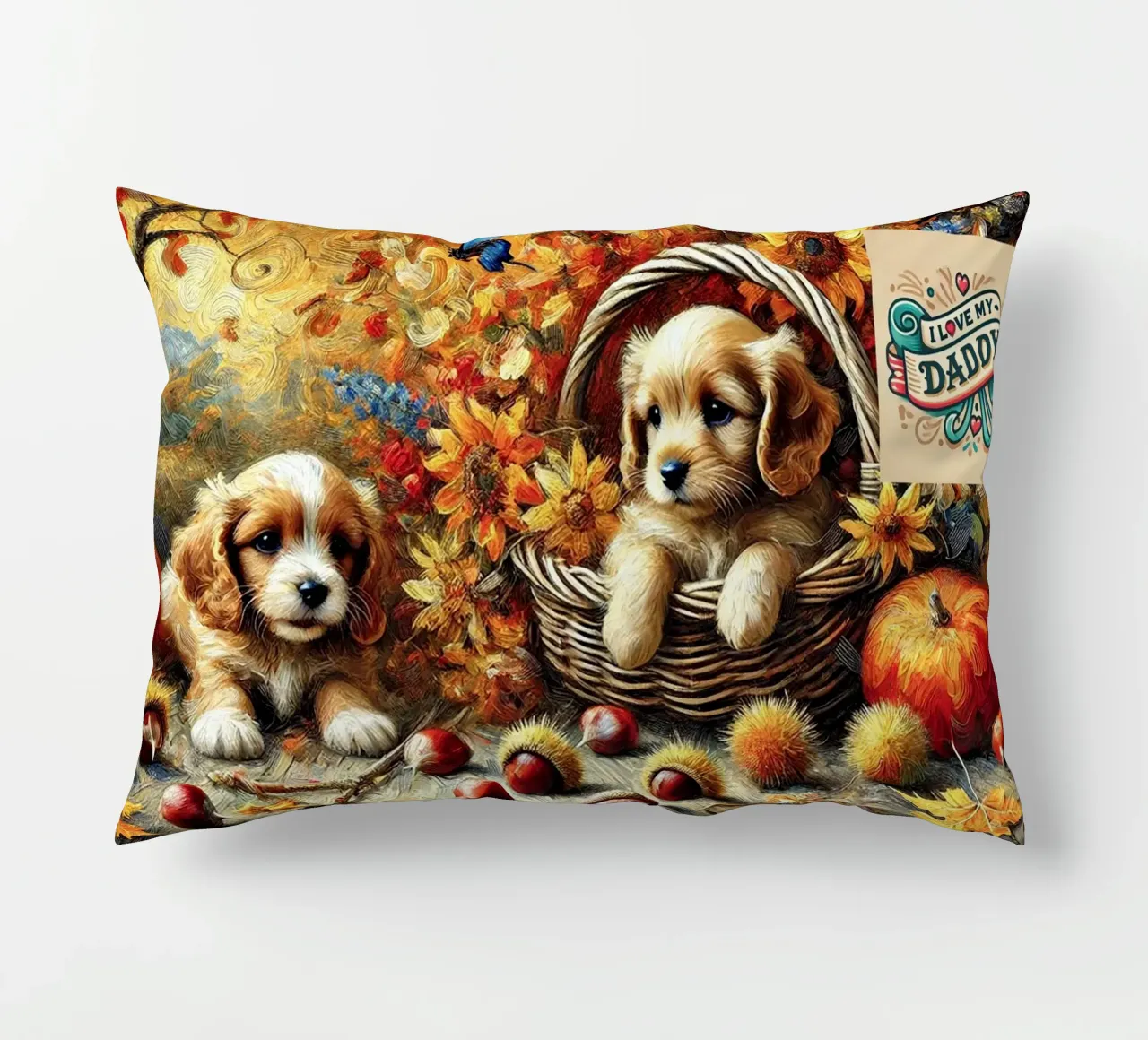 I LOVE MY DADDY IN AUTUMN, Puppy Dog Edition cuscino da Vintage Van Gogh