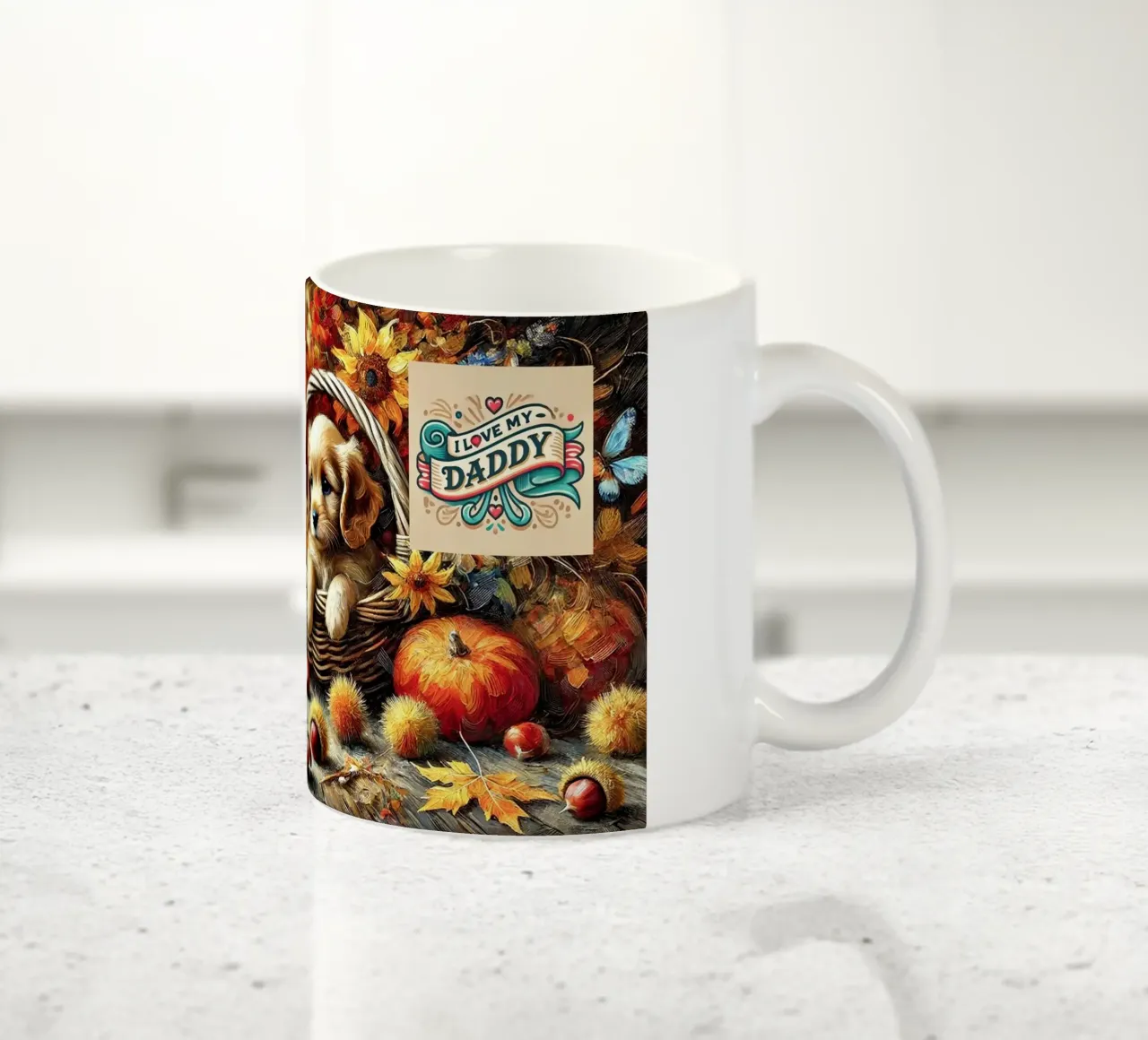 I LOVE MY DADDY IN AUTUMN, Puppy Dog Edition tazza in ceramica da Vintage Van Gogh