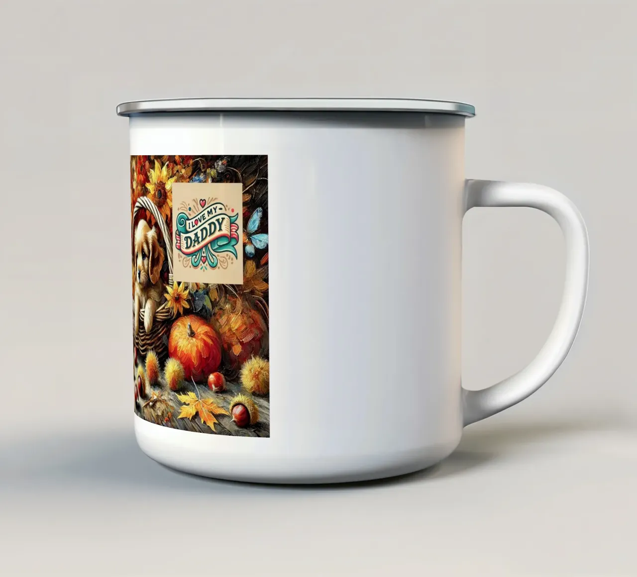 I LOVE MY DADDY IN AUTUMN, Puppy Dog Edition tazza in smalto da Vintage Van Gogh