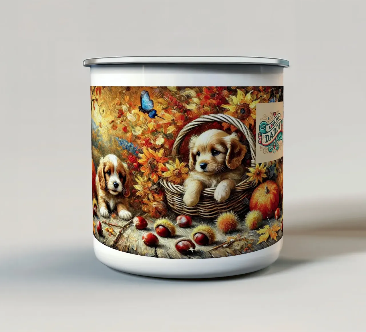 I LOVE MY DADDY IN AUTUMN, Puppy Dog Edition tazza in smalto da Vintage Van Gogh