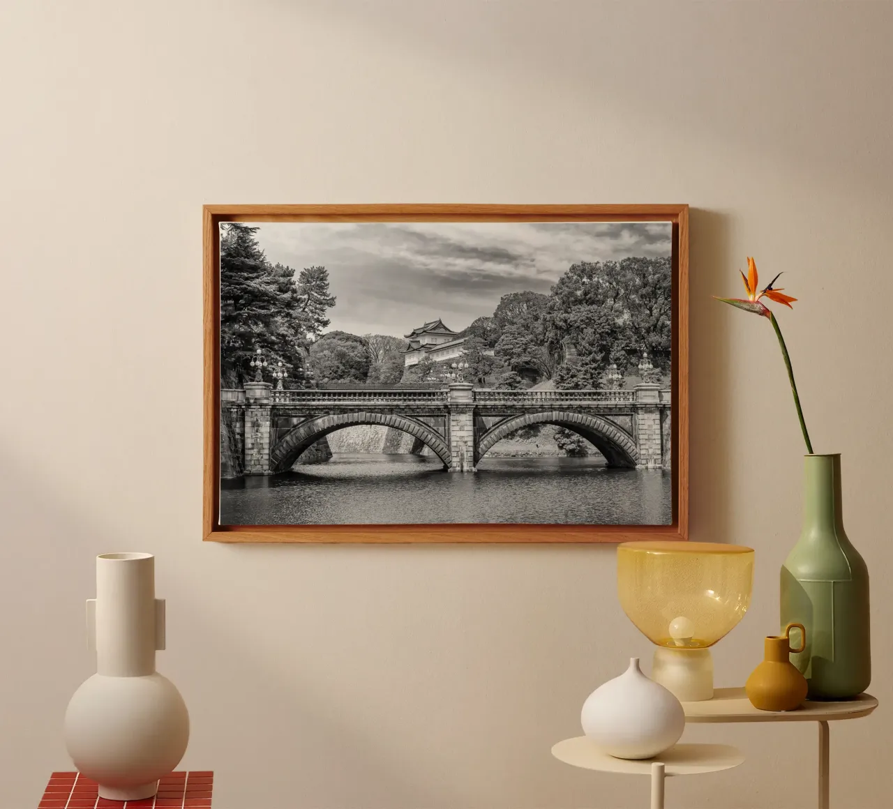 Seimon Ishibashi and Nijubashi with Imperial Palace | monochrome canvas with Floater frame by Melanie Viola