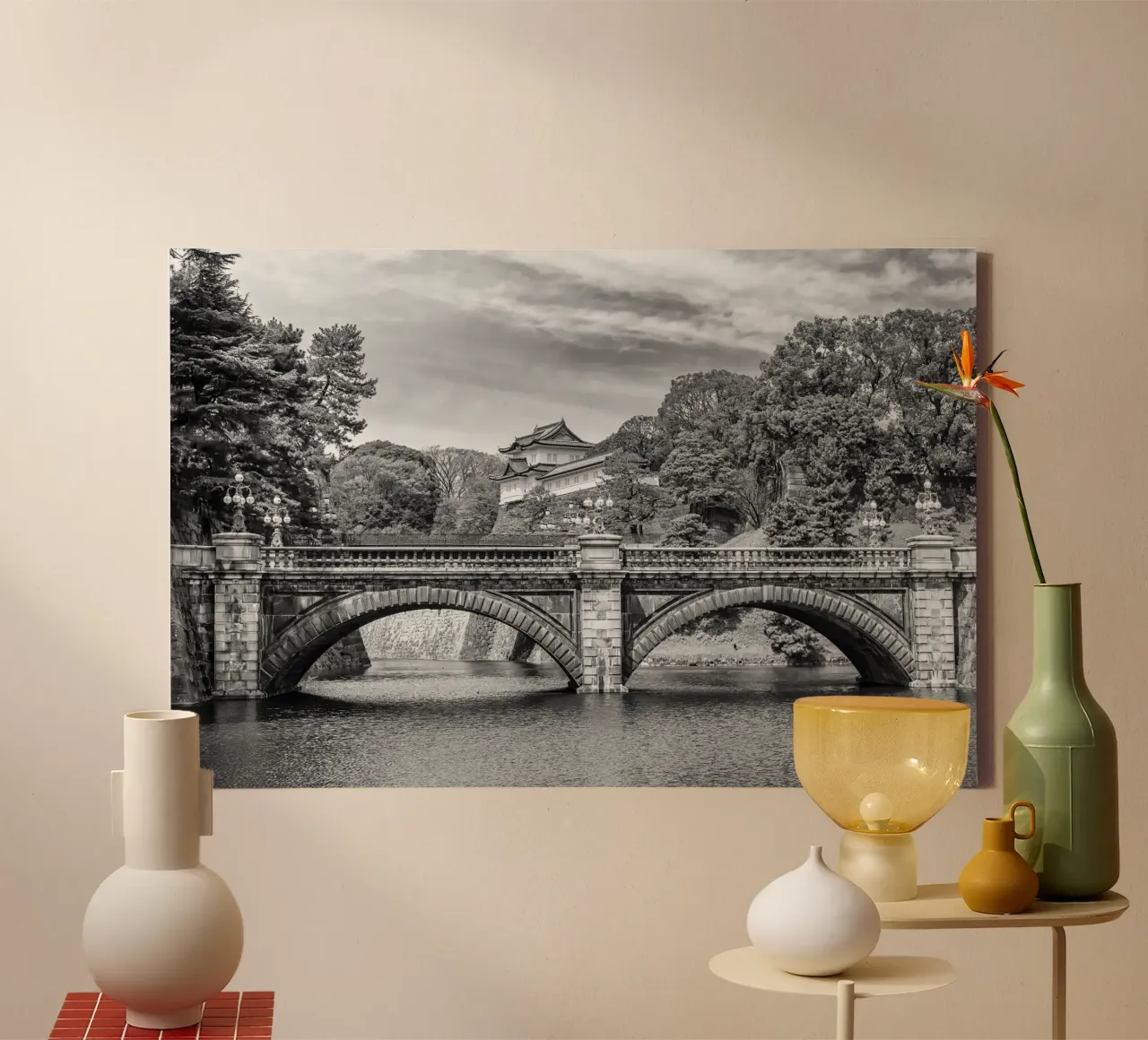 Seimon Ishibashi and Nijubashi with Imperial Palace | monochrome canvas with Floater frame by Melanie Viola