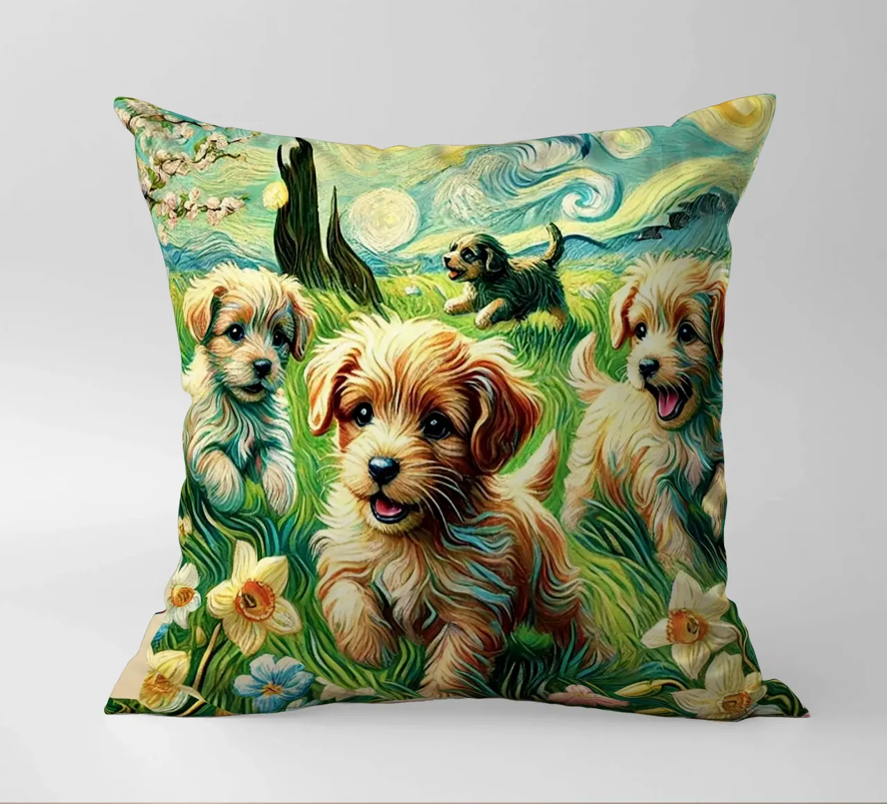 I LOVE MY DADDY IN SPRING, Puppy Dog Edition, Van Gogh Style cuscino da Vintage Van Gogh