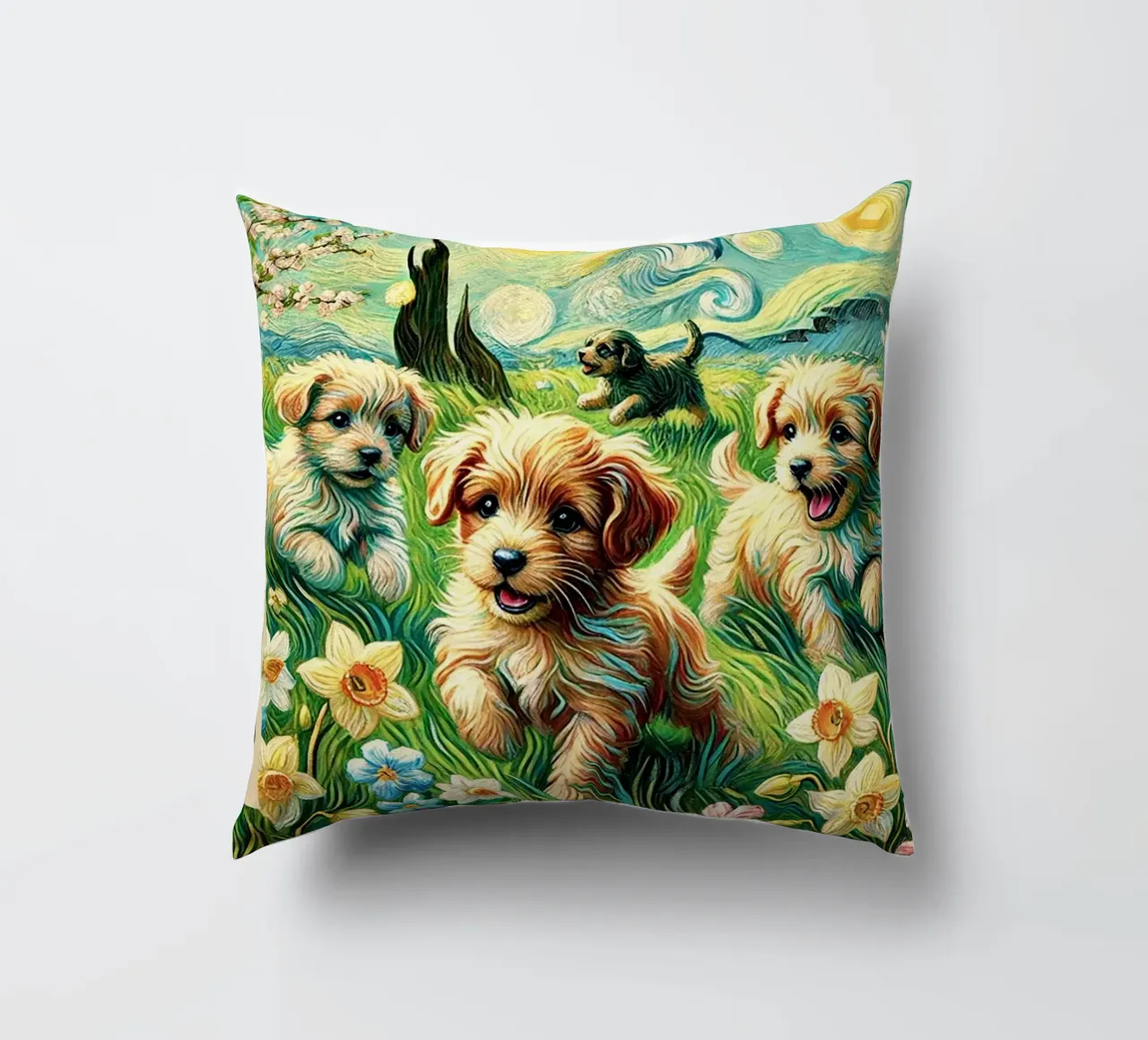 I LOVE MY DADDY IN SPRING, Puppy Dog Edition, Van Gogh Style cuscino da Vintage Van Gogh