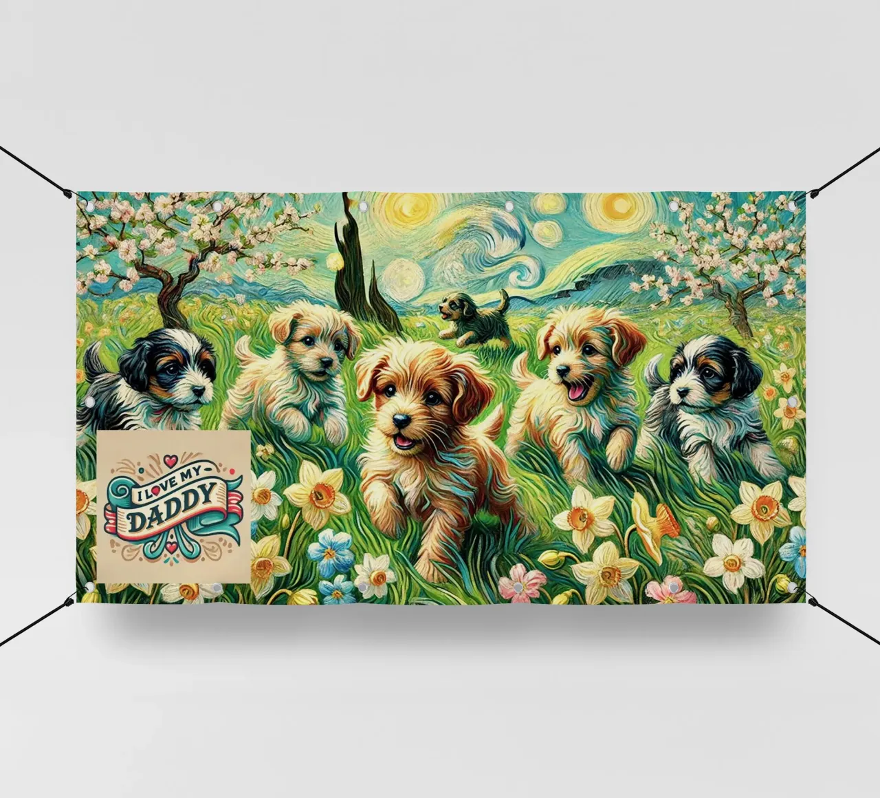 I LOVE MY DADDY IN SPRING, Puppy Dog Edition, Van Gogh Style telo in pvc da Vintage Van Gogh