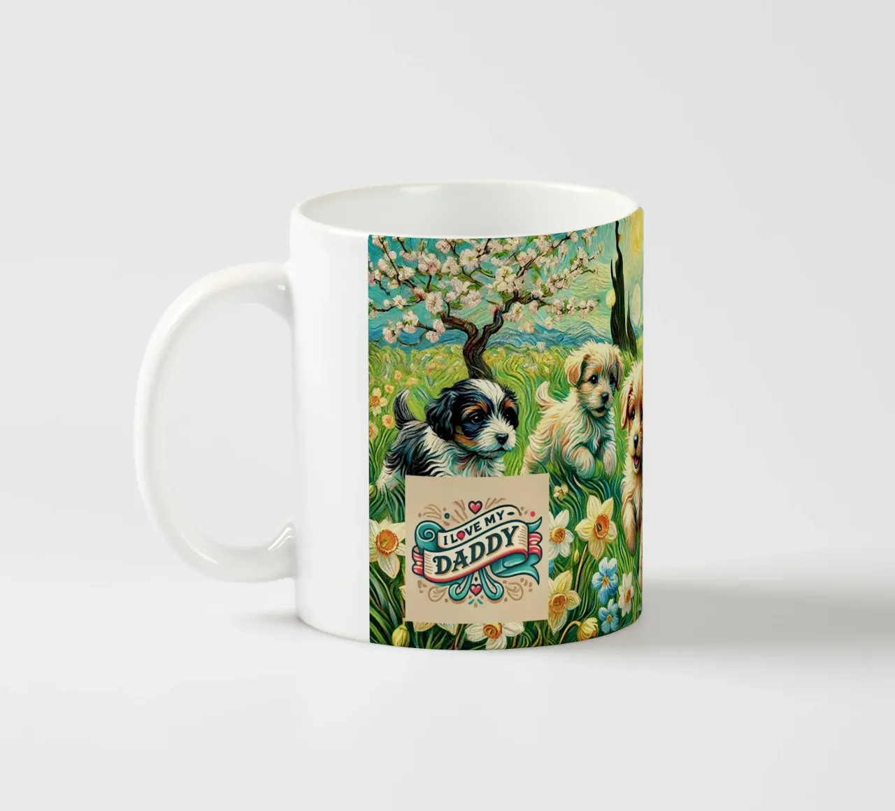 I LOVE MY DADDY IN SPRING, Puppy Dog Edition, Van Gogh Style tazza in ceramica da Vintage Van Gogh