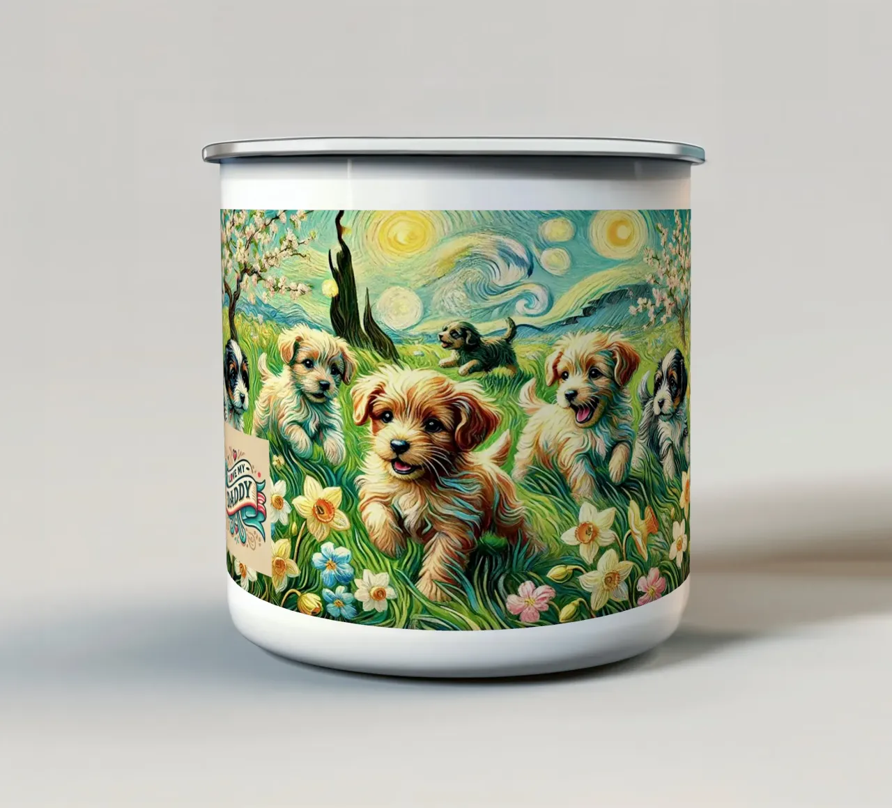 I LOVE MY DADDY IN SPRING, Puppy Dog Edition, Van Gogh Style tazza in smalto da Vintage Van Gogh